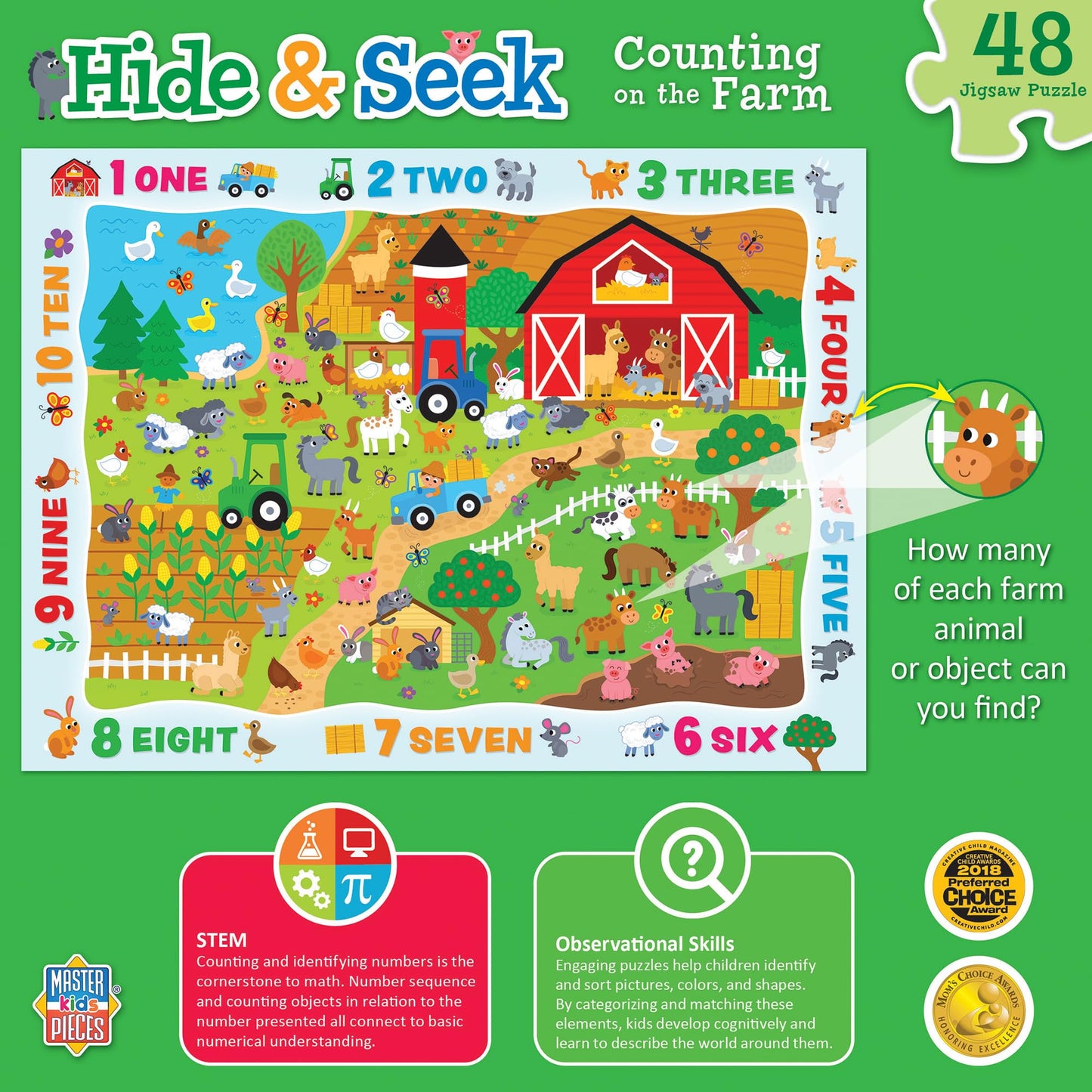 MasterPieces Nature Puzzle - Hide & Seek 48 Piece Jigsaw Puzzle for Kids - Counting on the Farm - 19"x14"