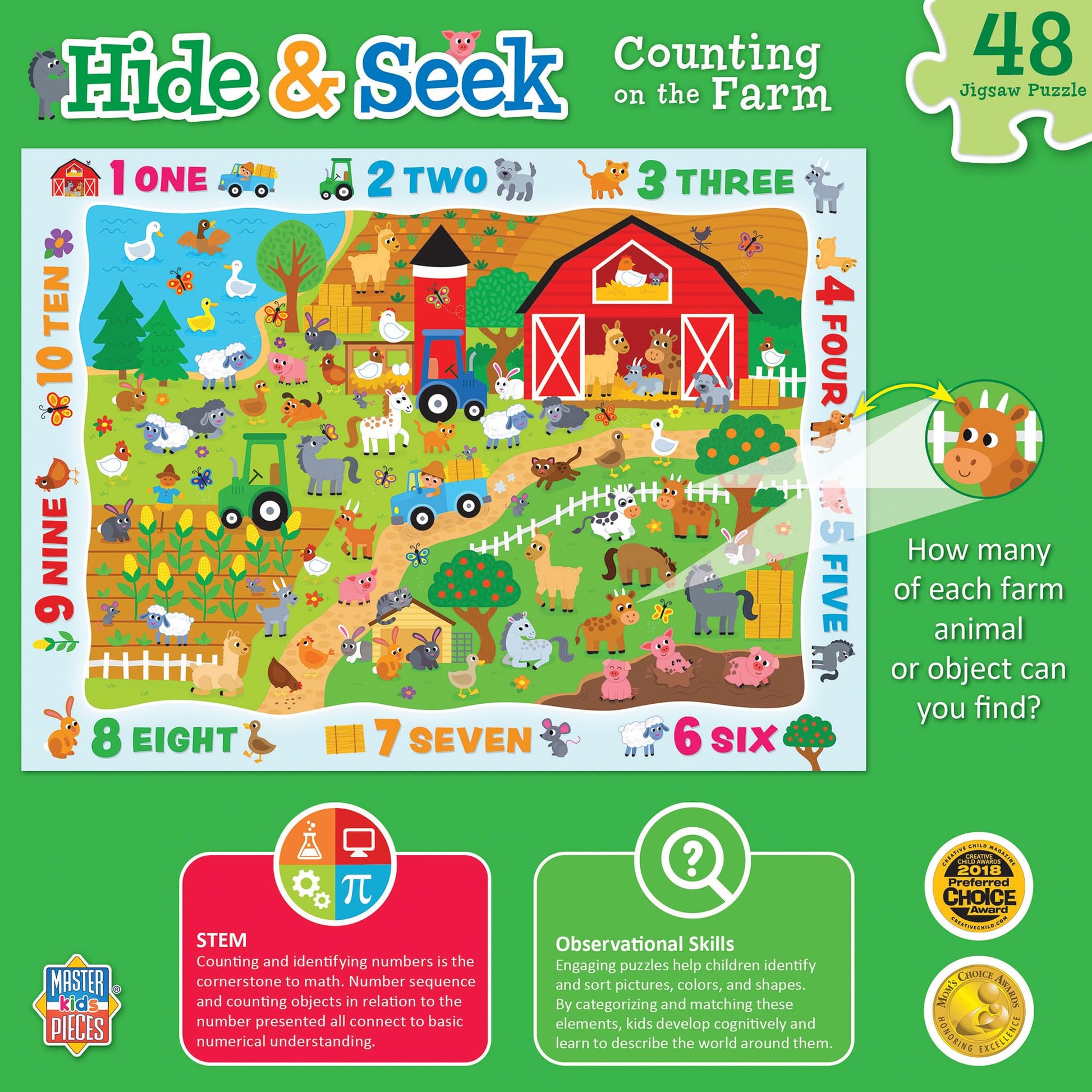 MasterPieces Nature Puzzle - Hide & Seek 48 Piece Jigsaw Puzzle for Kids - Counting on the Farm - 19"x14"