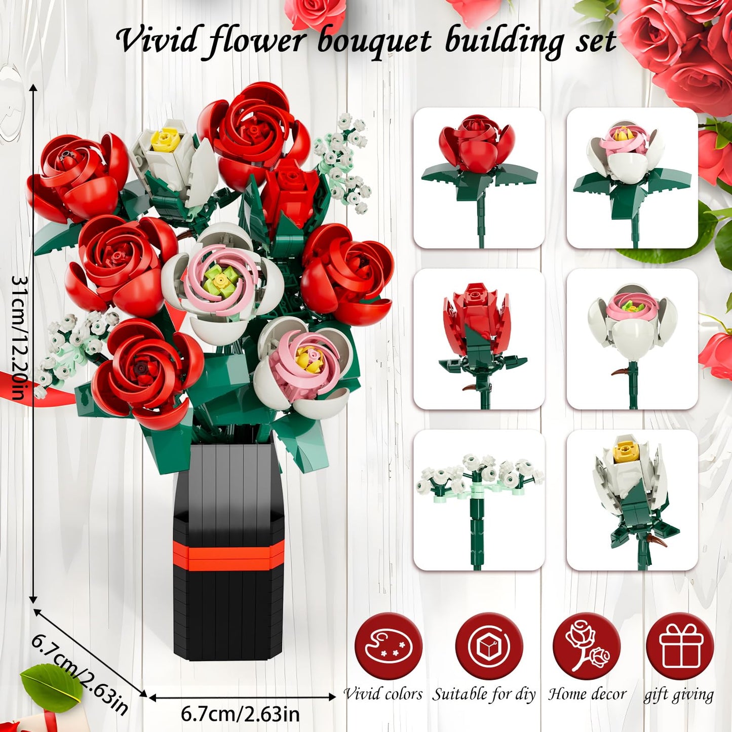 EXCOUP Flower Bouquet Building Set, Artificial Roses Toy Building Set with Vase, Building Blocks Flower Brick Toys for Home Office Decoration, Ideal