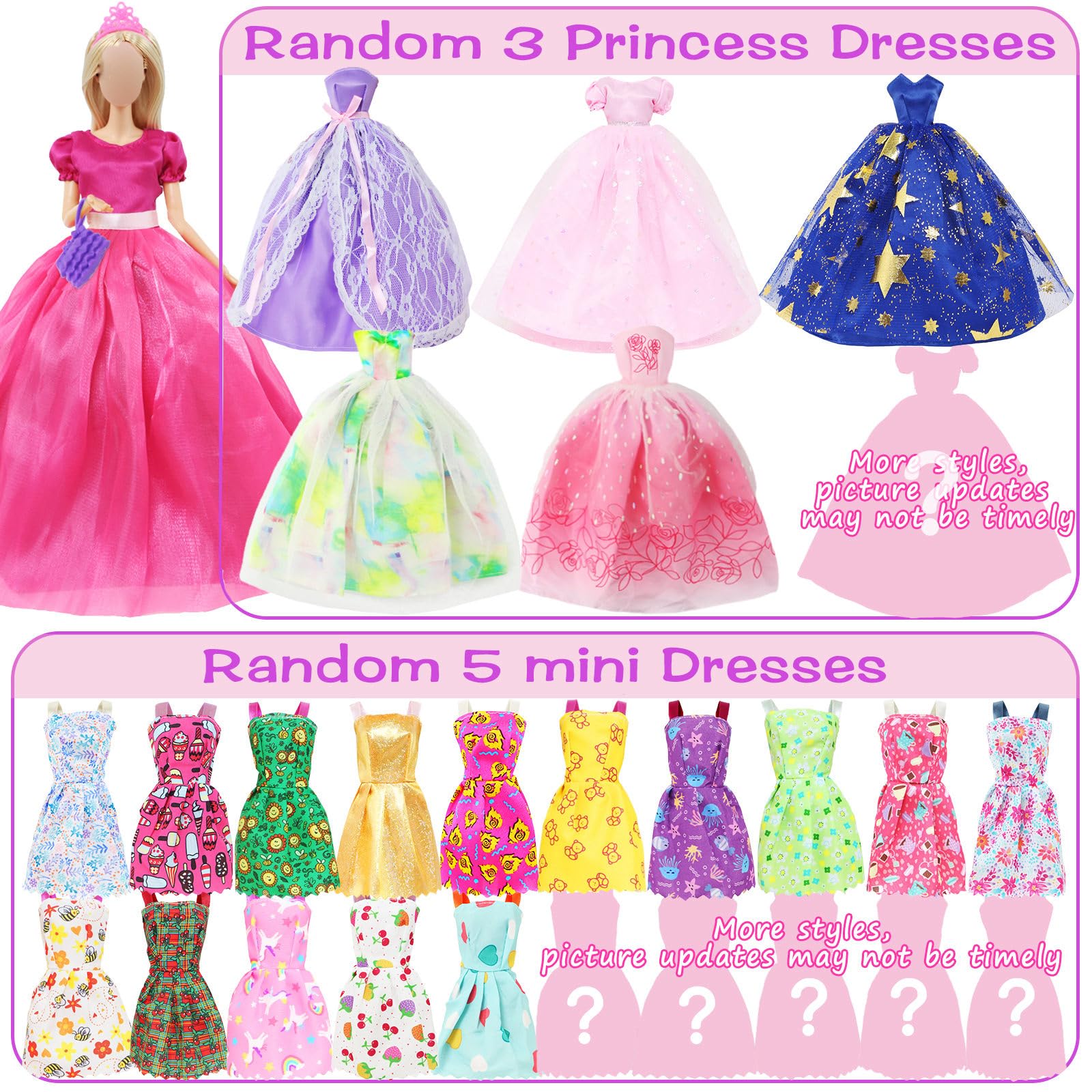 MCZQXW 65 Pcs Doll Clothes and Accessories, 5 Fashion Dresses, 3 Wedding Gowns, 4 Outfits Top & Pant, 3 Swimsuits Bikini, 5 Slip Skirts, 20 Hangers