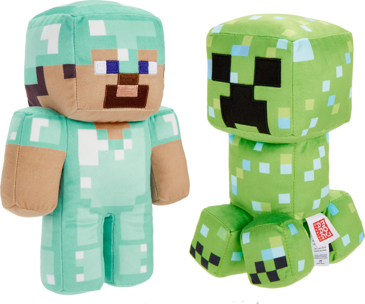 Mattel Minecraft Plush Figure 2-Pack, Steve in Diamond Armor & Charged Creeper Set, Soft Character Dolls in 8-inch Scale
