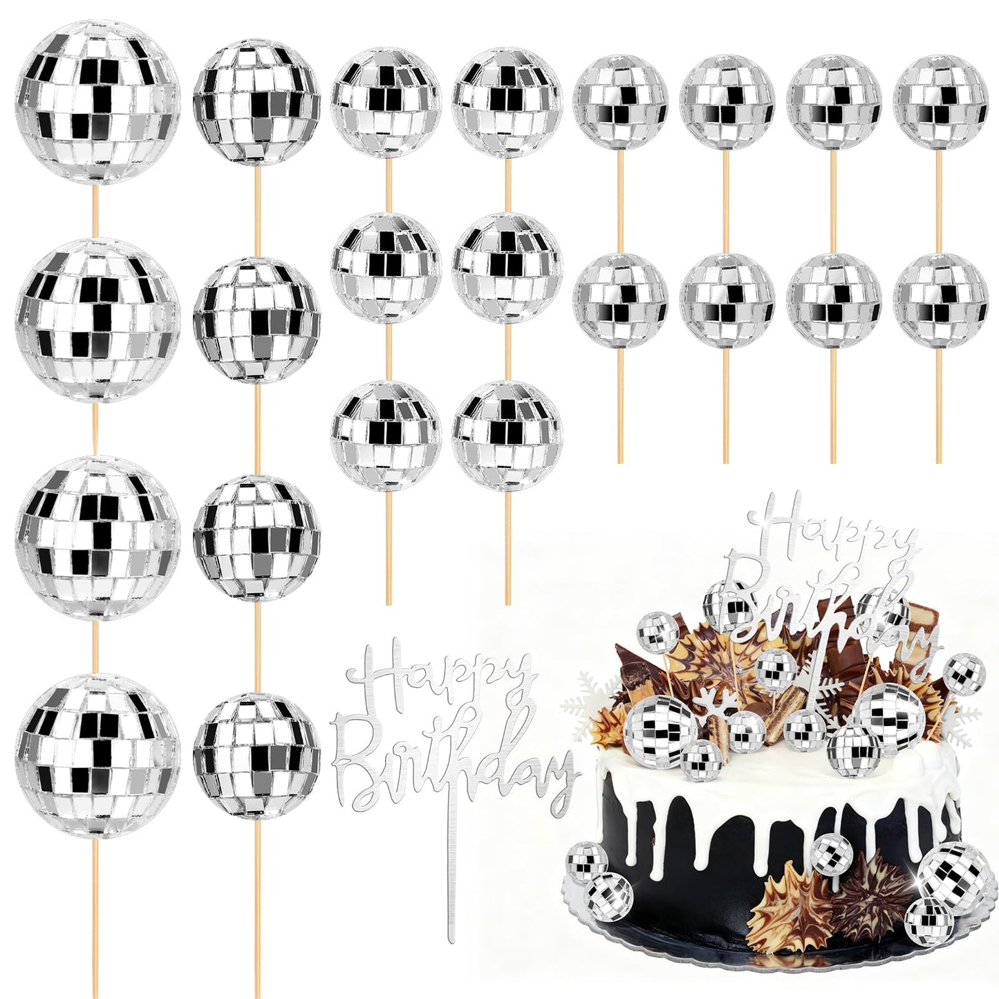 23 pcs Disco Ball Cupcake Toppers Happy Birthday Cake Topper 1970s Disco Ball Cake Picks Disco Theme Party Decorations for Birthday Party Favor