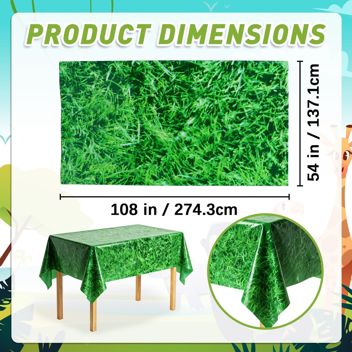 2 Pack Green Grass Tablecloth 54 x 108 Inch, Plastic Disposable Grass Table Cover for Golf Soccer Football Sports Themed Party, Summer Jungle Safari