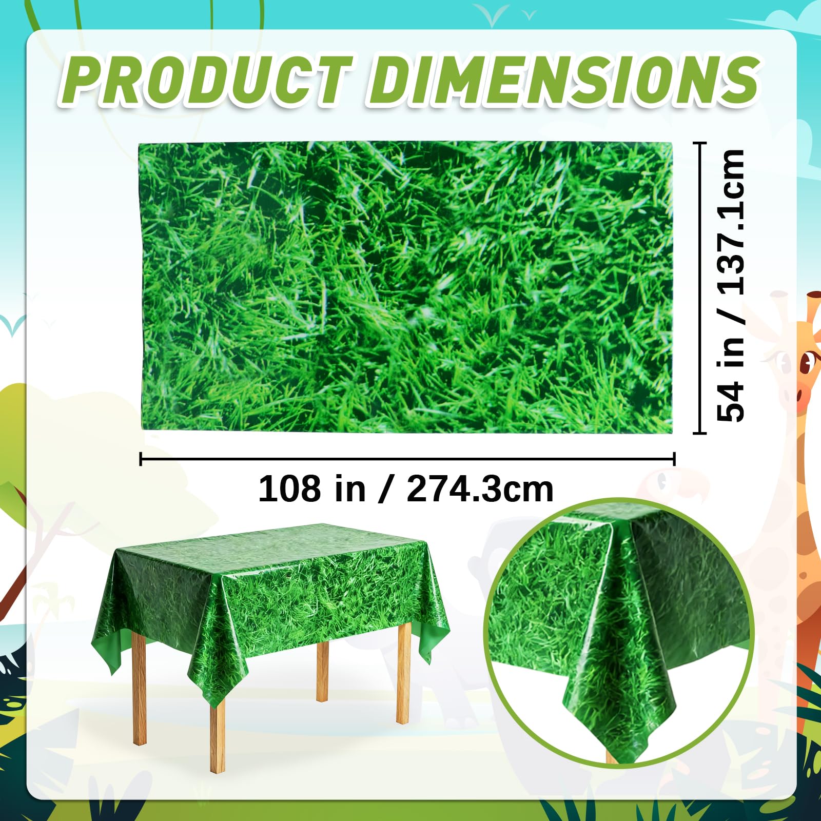 2 Pack Green Grass Tablecloth 54 x 108 Inch, Plastic Disposable Grass Table Cover for Golf Soccer Football Sports Themed Party, Summer Jungle Safari