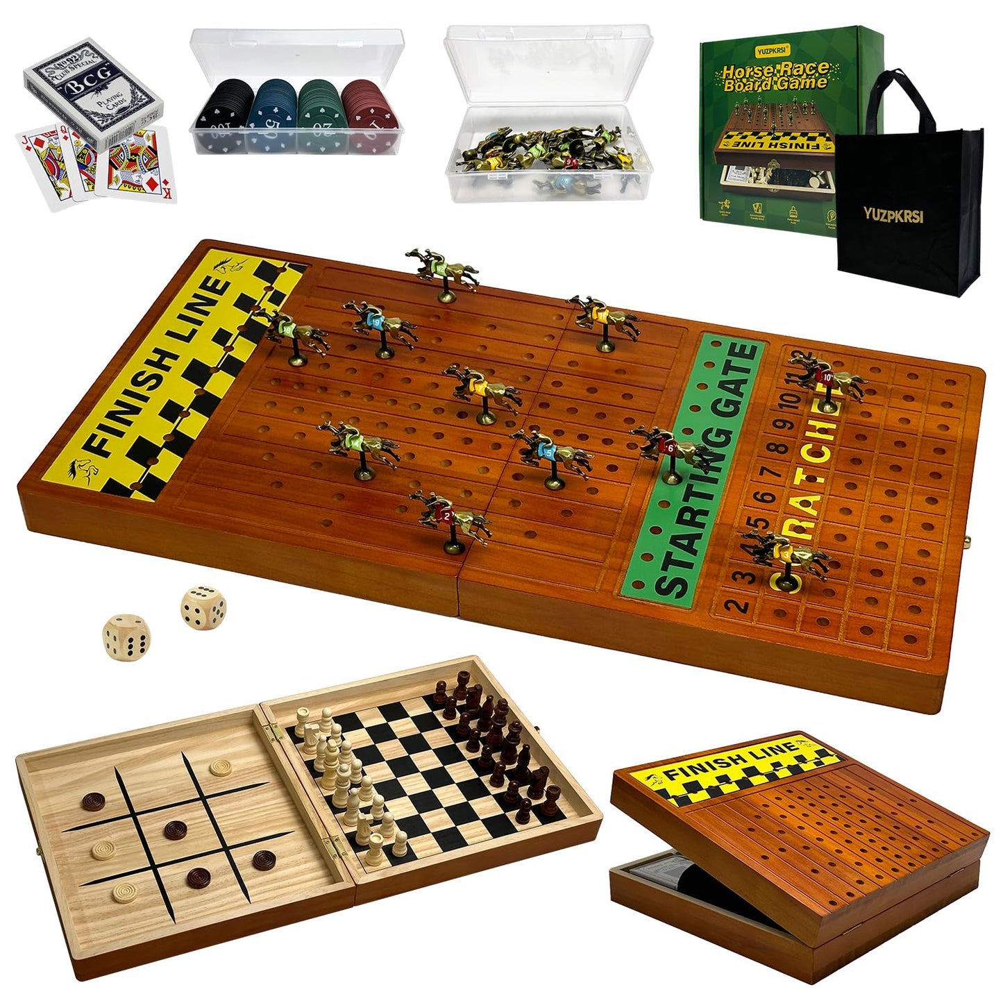 Large 23 inches Horse Race Board Game with Luxury Metal Numbered Horses, 4 in 1 Foldable Wood Horse Race Board Game with Dice Poker Chips/Chess