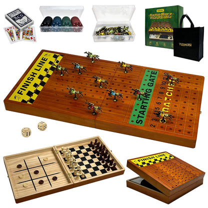 Large 23 inches Horse Race Board Game with Luxury Metal Numbered Horses, 4 in 1 Foldable Wood Horse Race Board Game with Dice Poker Chips/Chess