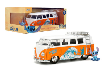 Jada Hollywood Rides Disney Stitch Volkswagen Bus - 1:24 Scale Die-Cast Model with Opening Doors & Die-Cast Stitch Figure - Toy for Collectors & Kids