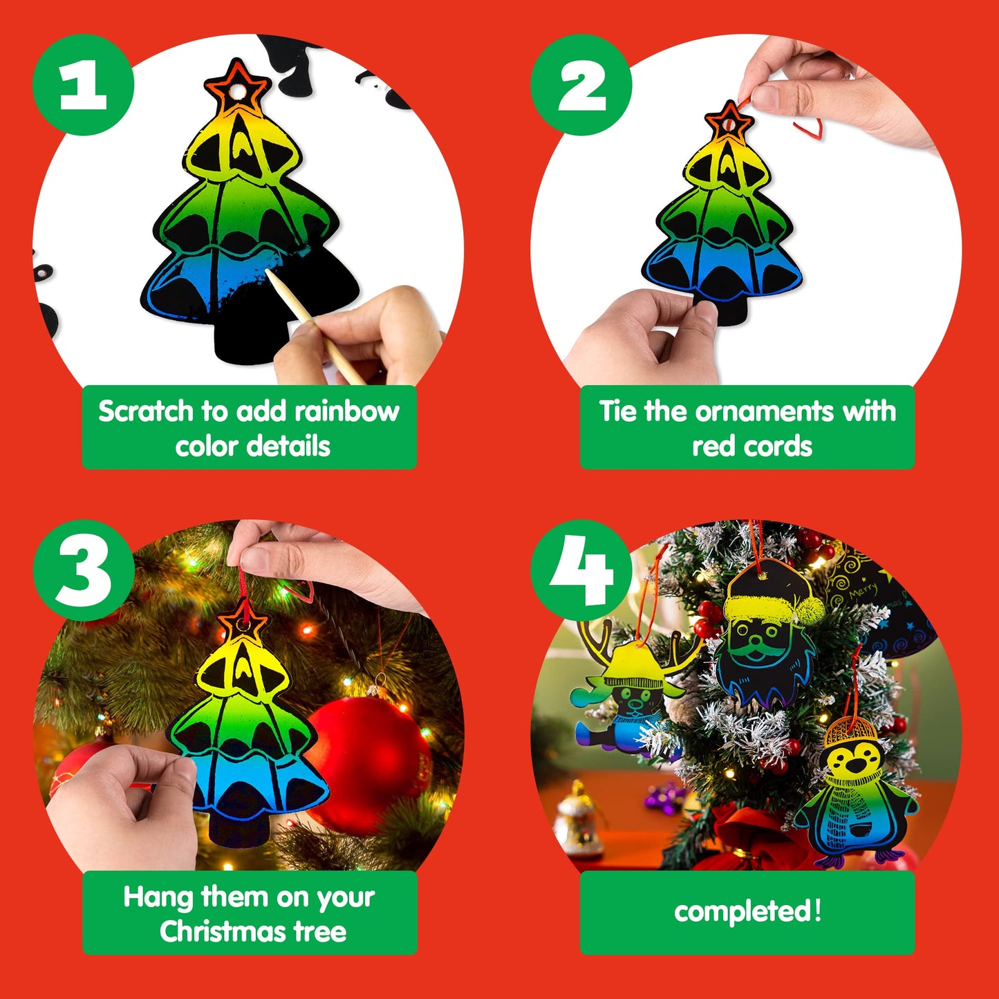 JOYIN 120 Pcs Christmas Scratch Art Ornaments, Rainbow Color Scratch Paper Craft Kit, Christmas Hanging Ornament, Scratch Off DIY Arts & Crafts Kit