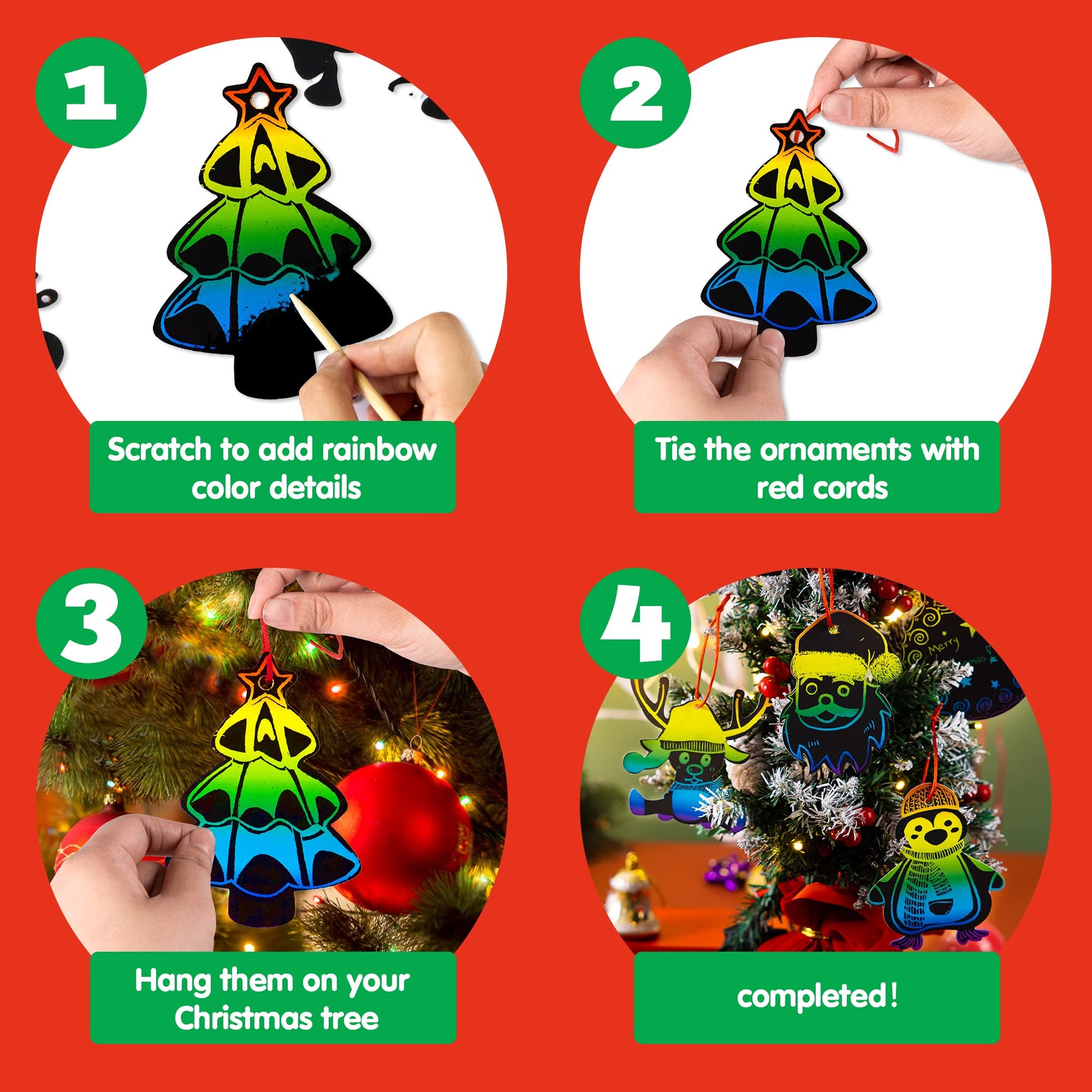JOYIN 120 Pcs Christmas Scratch Art Ornaments, Rainbow Color Scratch Paper Craft Kit, Christmas Hanging Ornament, Scratch Off DIY Arts & Crafts Kit