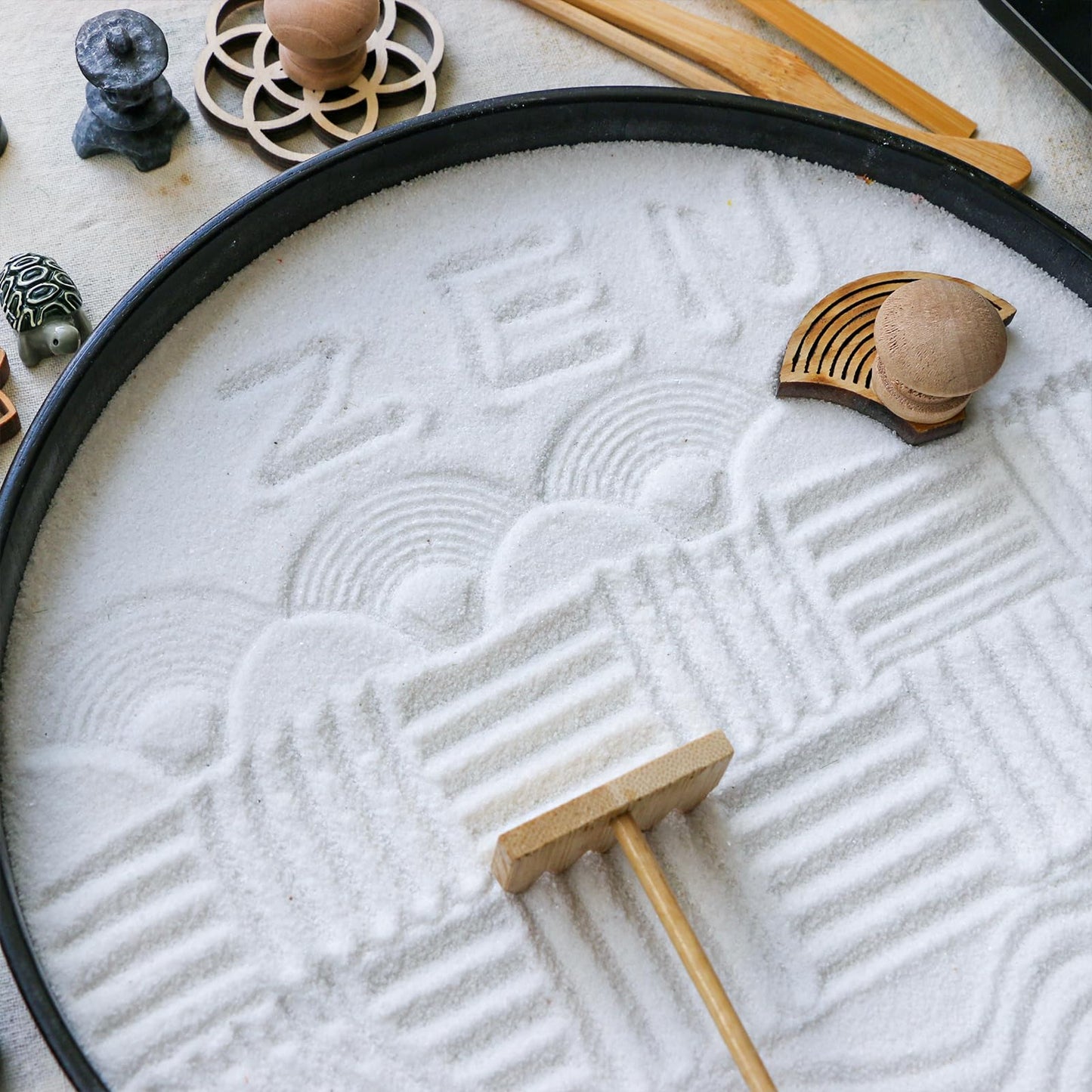Zen Garden Rake Stamp Tools - Meditation Rock Sand Garden Accessories - Office Desktop Mini Zen Gifts for Man Women Bamboo Rakes Holder Brusher Spoon
