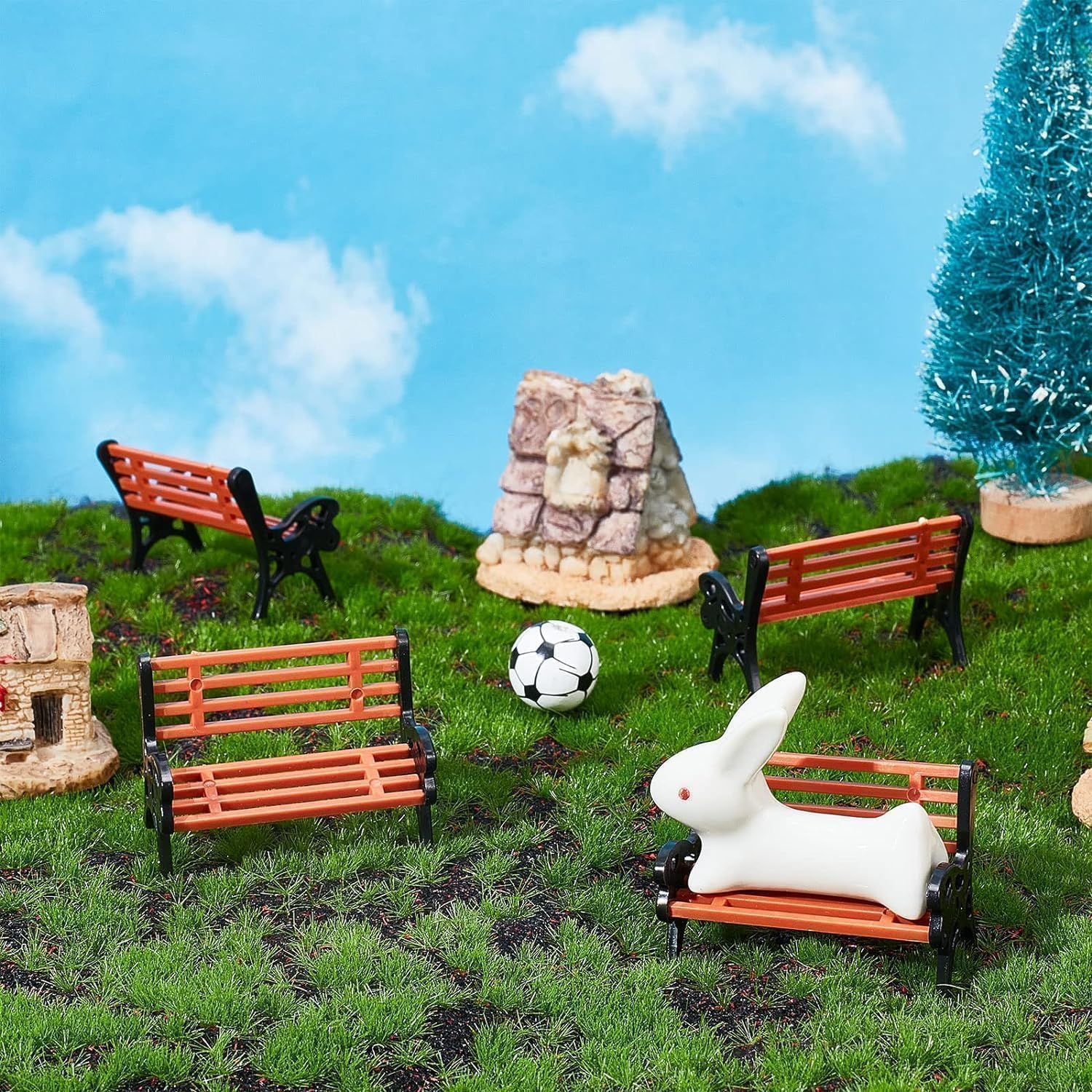 Miniature Park Bench Set 2-Pack - 1:12 Scale Brown Garden Seats with Realistic Detailing, Tiny Park Benches for Dollhouse and Fairy Garden