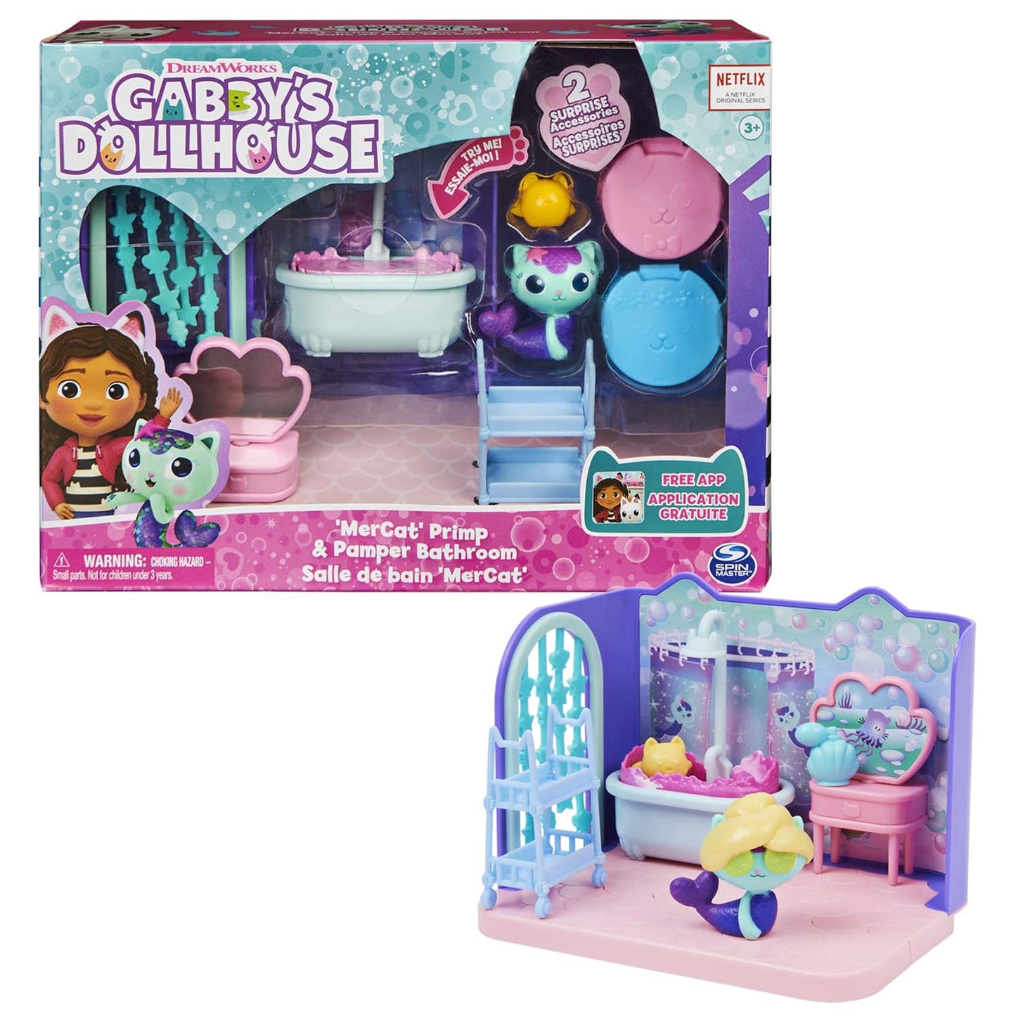 Gabby’s Dollhouse, Primp and Pamper Bathroom with Mercat Figure, 3 Accessories, 3 Furniture and 2 Deliveries, Kids Toys for Ages 3 and up