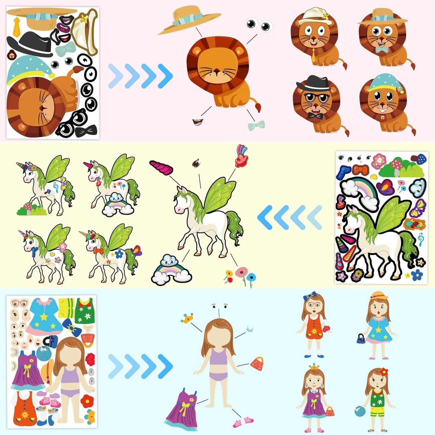 100 Pack DIY Make Your Own Animal Face Stickers - 25 Designs, Funny Mermaid Princess Prince Face Stickers for Kids, Party & Festival Favor, School