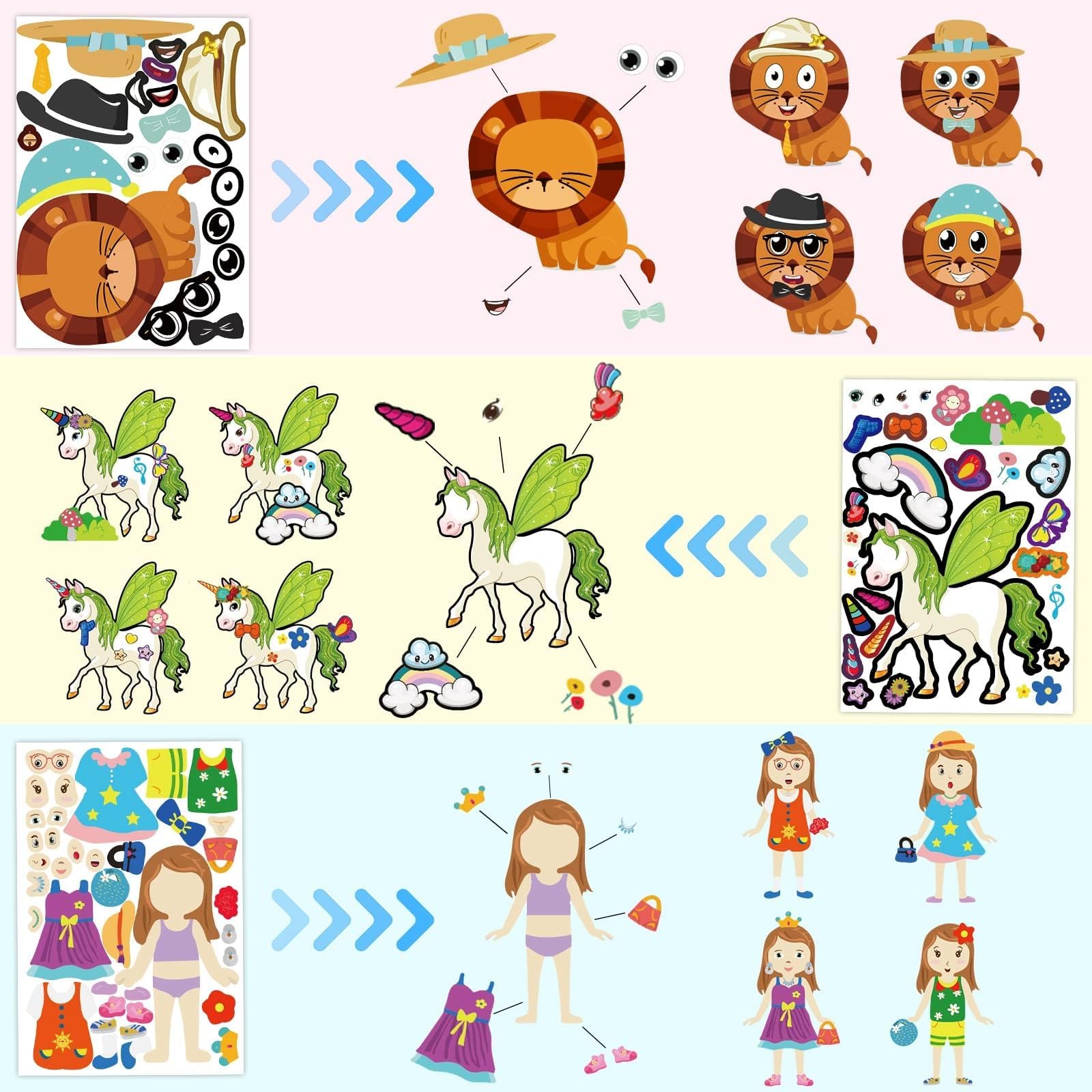 100 Pack DIY Make Your Own Animal Face Stickers - 25 Designs, Funny Mermaid Princess Prince Face Stickers for Kids, Party & Festival Favor, School