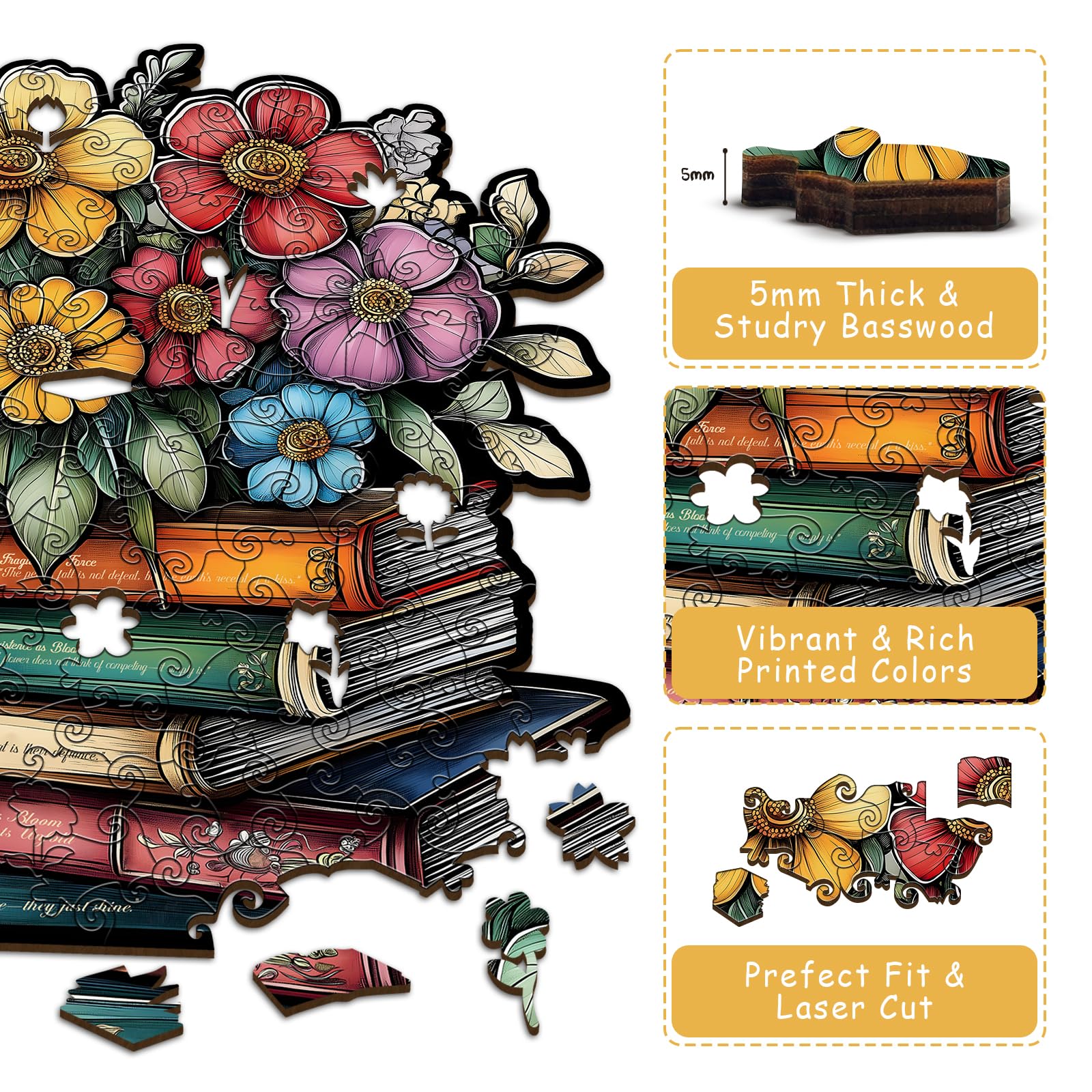 Wooden Wildflowers Pages Puzzles for Adults 160 Pieces, Wood Flower Book Literary Blossom Jigsaw Puzzle, Plant Floral Art Themed Puzzles for Adults