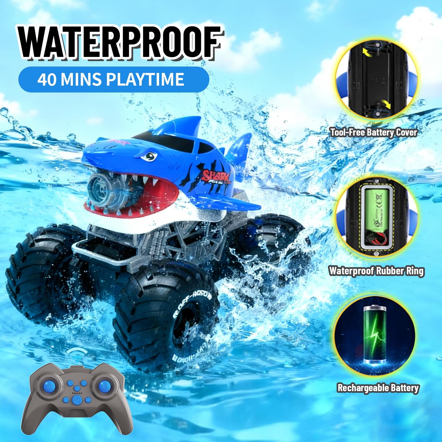 MOMONOVA Amphibious RC Monster Truck Toy with Bubble Maker for Kids 4-7 8-12, 4WD All-Terrain Waterproof Shark Remote Control Car Truck, 360°