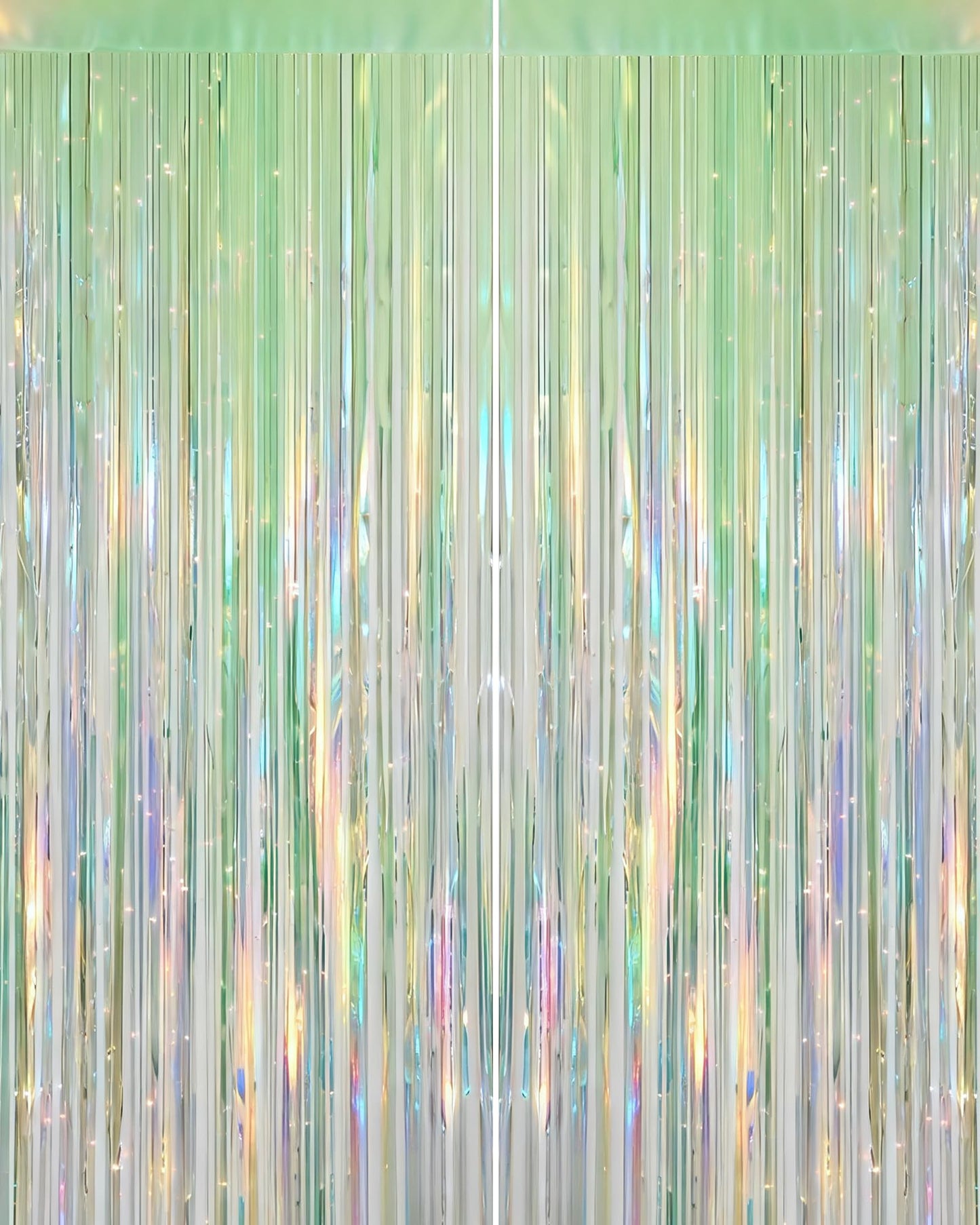 Iridescent Green Party Streamers Backdrop - 2 Pack 3.3 x 8.21 ft Neon Transparent Holographic Tinsel Foil Fringe Curtain for Birthday Dinosaur St