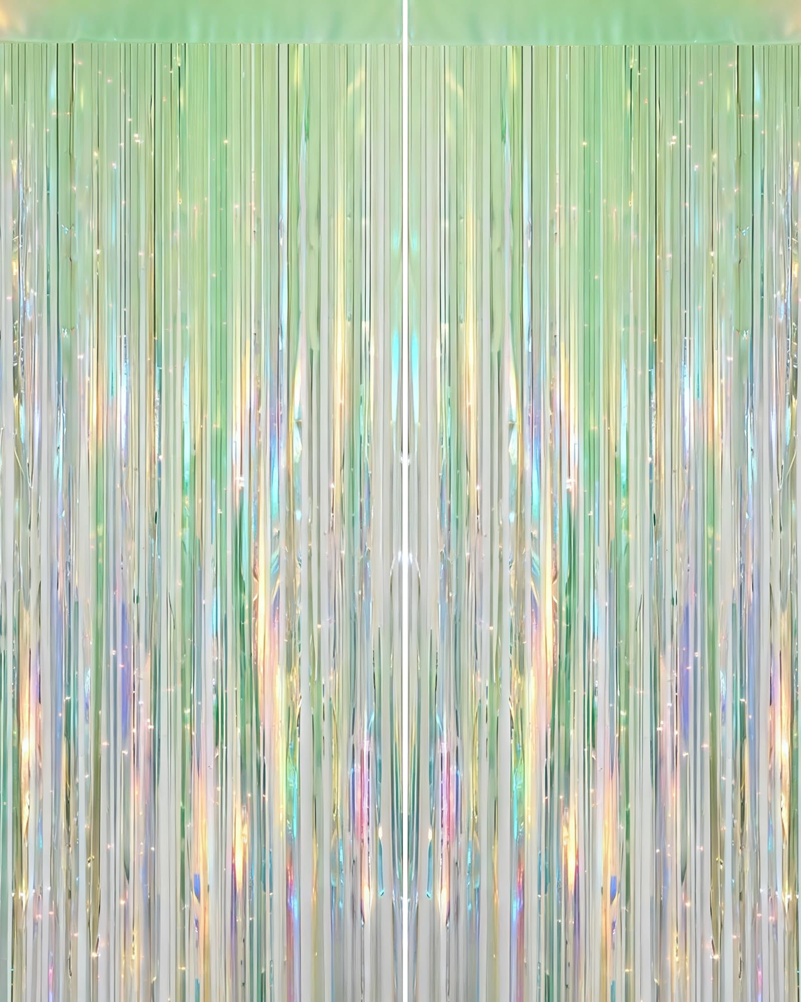 Iridescent Green Party Streamers Backdrop - 2 Pack 3.3 x 8.21 ft Neon Transparent Holographic Tinsel Foil Fringe Curtain for Birthday Dinosaur St