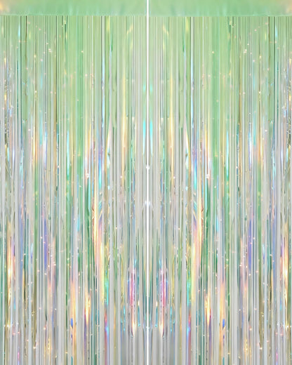Iridescent Green Party Streamers Backdrop - 2 Pack 3.3 x 8.21 ft Neon Transparent Holographic Tinsel Foil Fringe Curtain for Birthday Dinosaur St