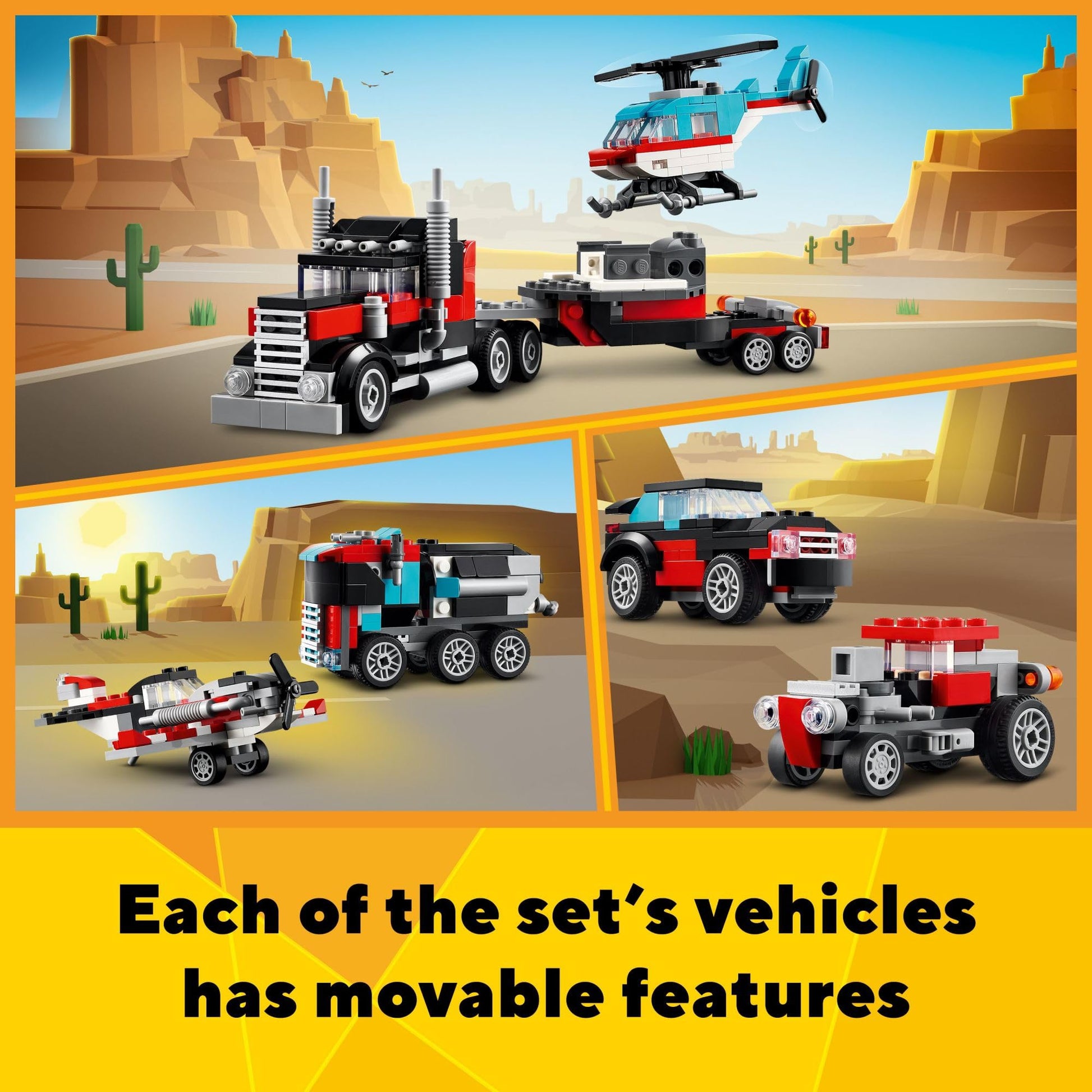 LEGO Creator 3 in 1 Flatbed Truck with Helicopter Toy, Transforms from Flatbed Truck Toy to Propeller Plane to Hot Rod and SUV Cars, Gift Idea