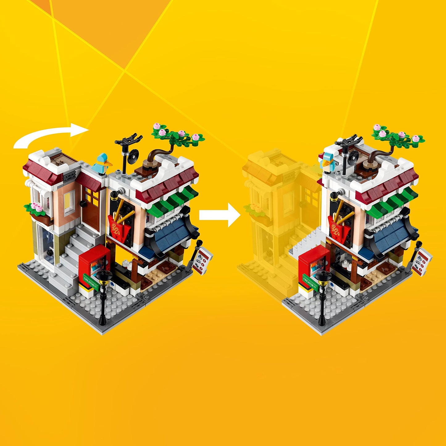 LEGO Creator 3 in 1 Downtown Noodle Shop House, Transforms from Noodle Shop to Bike Shop to Arcade, Modular Building Set, Toy Gift for Kids 8 Years