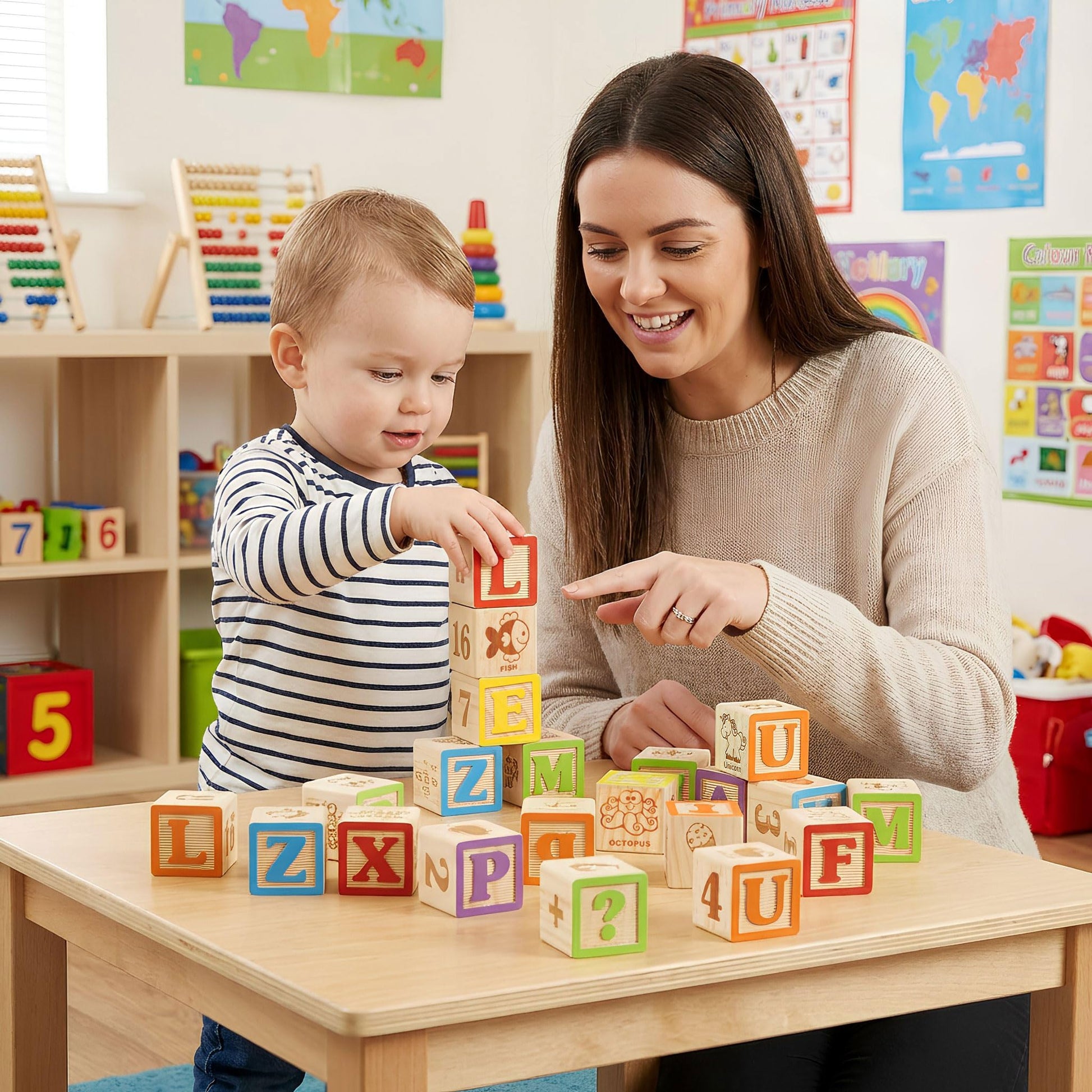 Maxim Deluxe Wooden ABC Blocks. Extra-Large Engraved Baby Alphabet Letters, Counting & Building Block Set