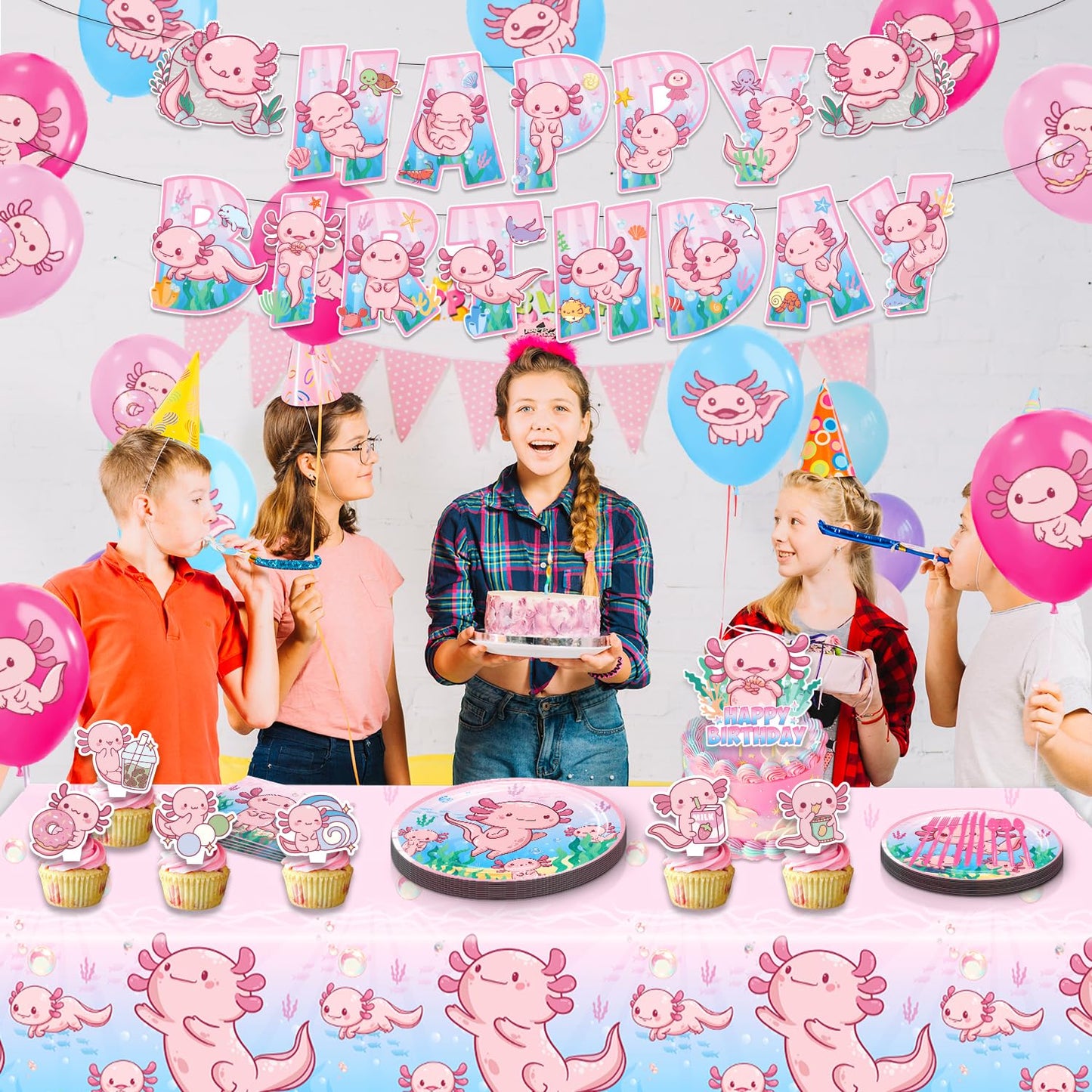 Axolotl Birthday Decorations?Axolotl Party Decorations?Axolotl Party Supplies Include Balloons,Backdrop,Banner, Cake Toppers?Tableware, Tablecloth