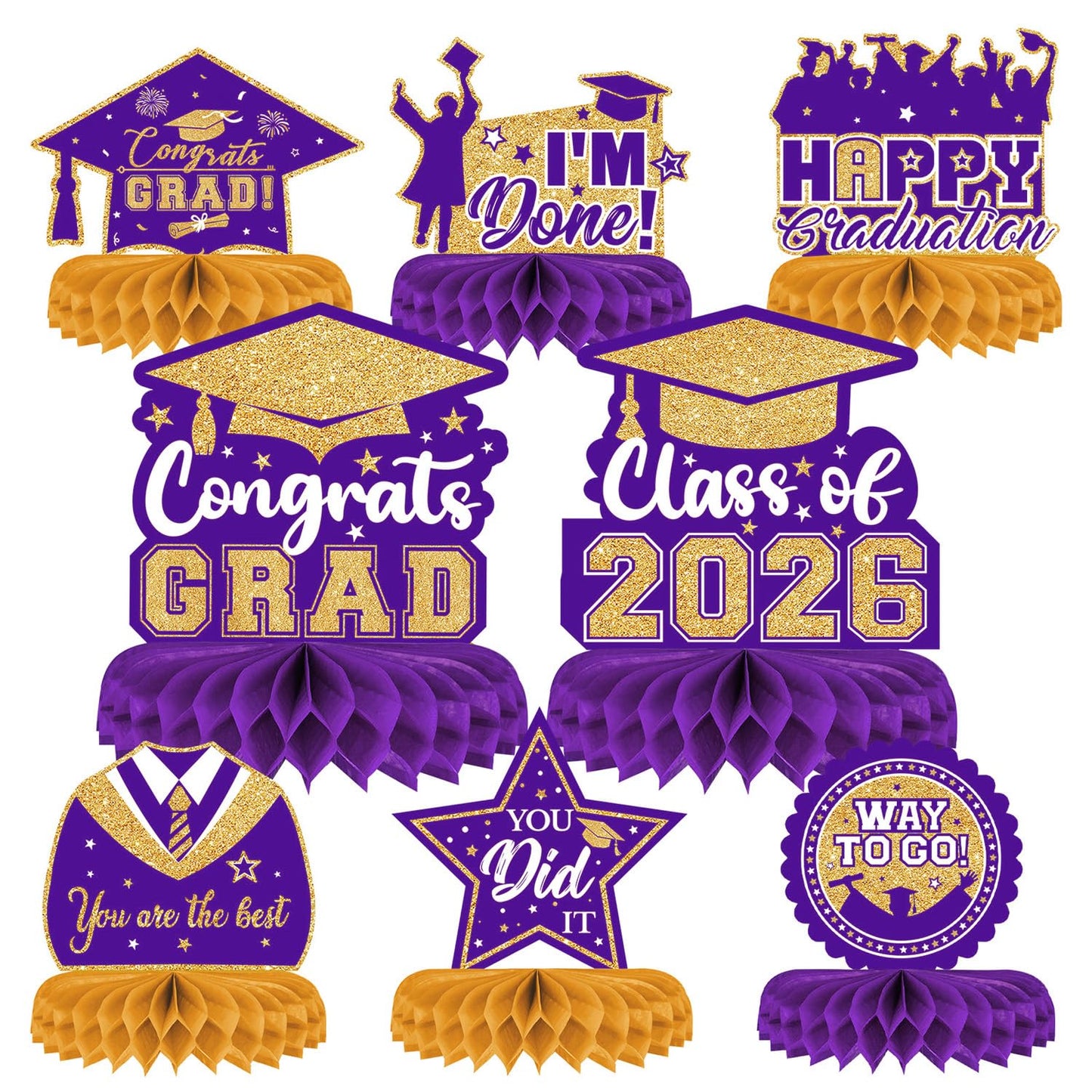 8 Pieces Class of 2026 Graduation Table Decorations - 2026 Congrats Grad Honeycomb Centerpieces, Graduations Table Toppers Decor for 2026 Graduation