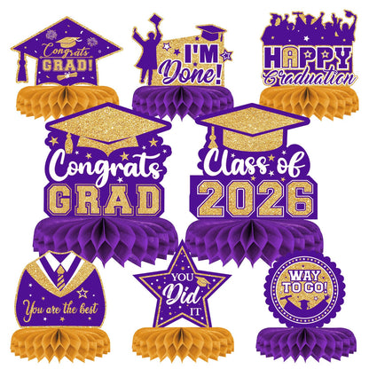 8 Pieces Class of 2026 Graduation Table Decorations - 2026 Congrats Grad Honeycomb Centerpieces, Graduations Table Toppers Decor for 2026 Graduation