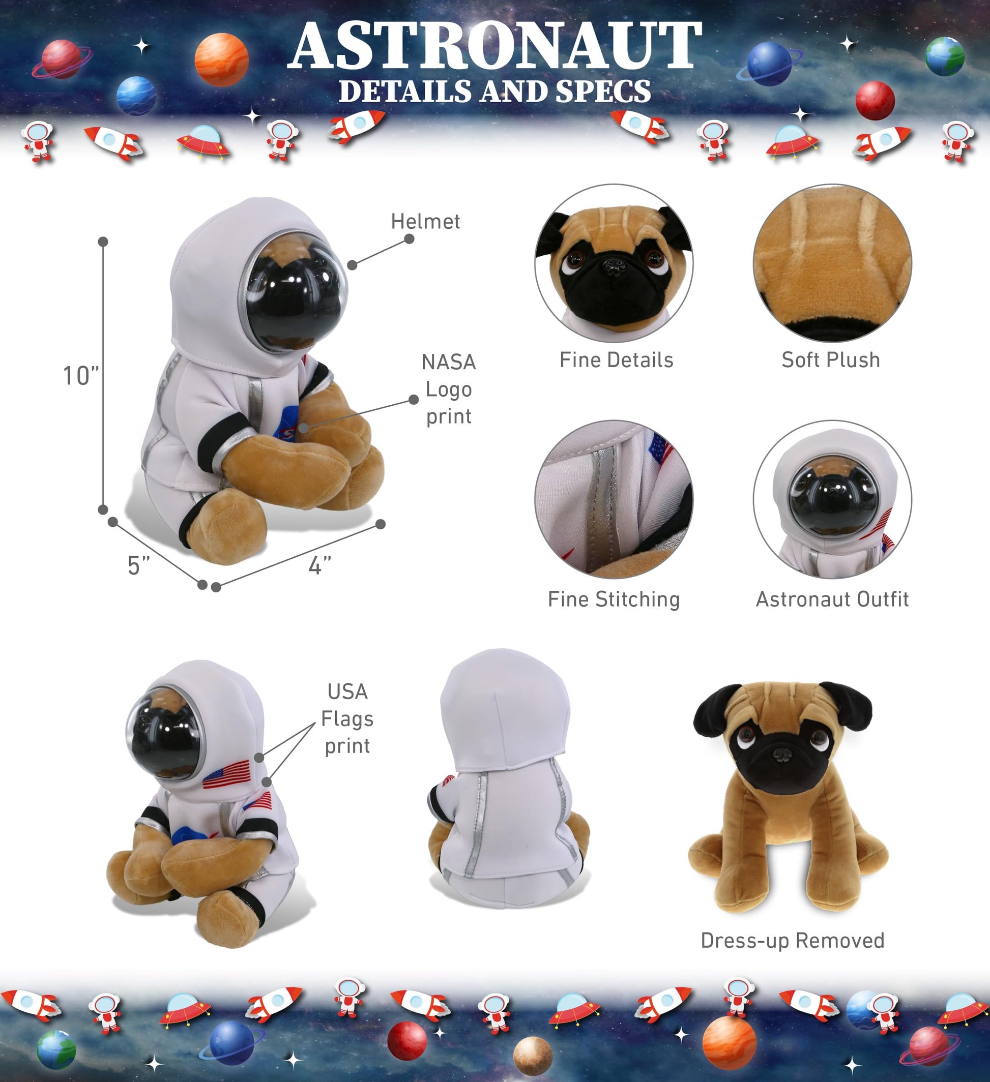 DolliBu Big Eyed Pug Dog Astronaut Plush Toy - Pet Astronaut Stuffed Animal with Space Helmet and NASA Astronaut Suit, Spaceman Doll Decor for Girls