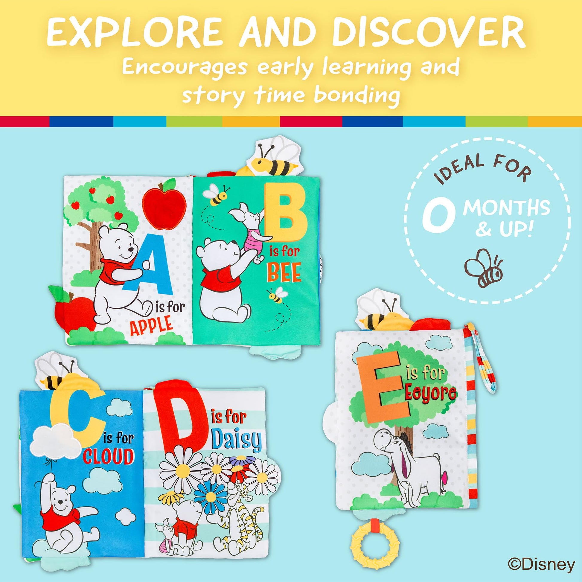 Kids Preferred Disney Baby Winnie The Pooh Deluxe Soft Book Abc's with Pooh On-The-Go Sensory Books for Babies with Crinkle Pages and BPA Free Teether