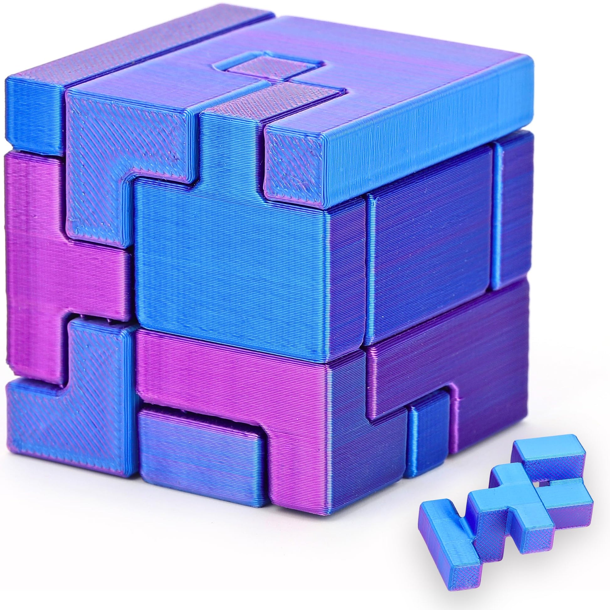 Interlocking Cube Brain Teaser Puzzle for Kids and Adults, Pocket Size 1.77 Inch Dual Color Blue and Purple Logic Challenge, Screen Free Focus Toy