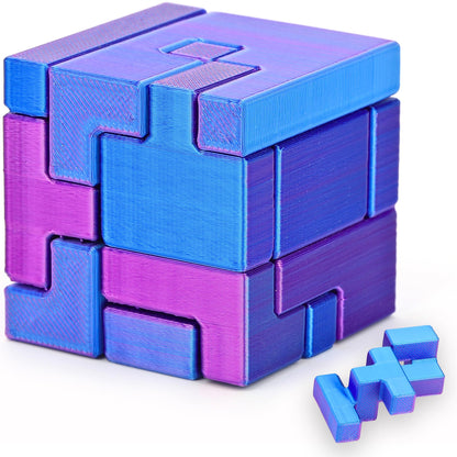 Interlocking Cube Brain Teaser Puzzle for Kids and Adults, Pocket Size 1.77 Inch Dual Color Blue and Purple Logic Challenge, Screen Free Focus Toy