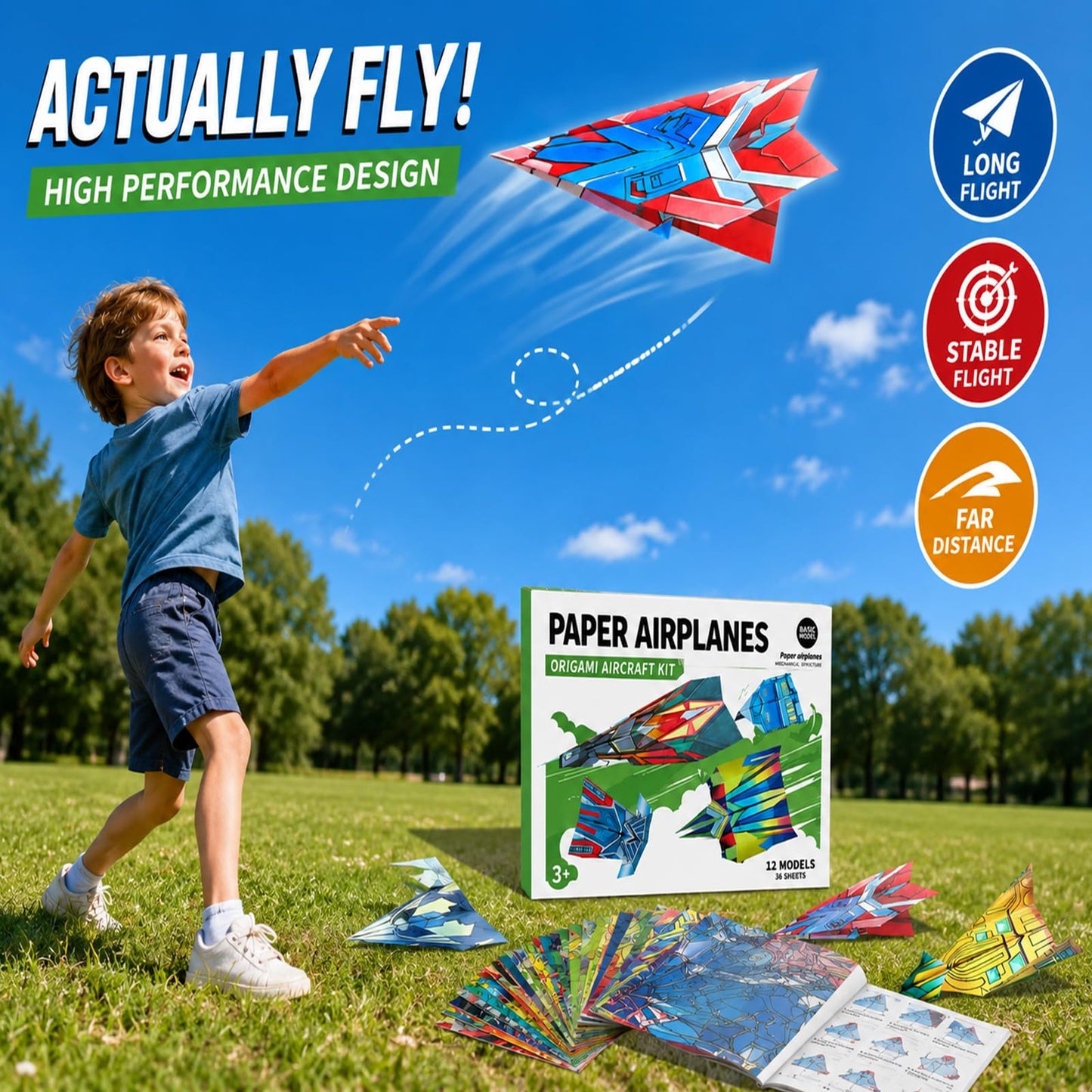 Vexorith Paper Airplane Kit for Kids Ages 8-12, 5-8 - 36 Designer Origami Papers with 12 Flying Plane Styles, STEM Craft & Educational Toy Gift