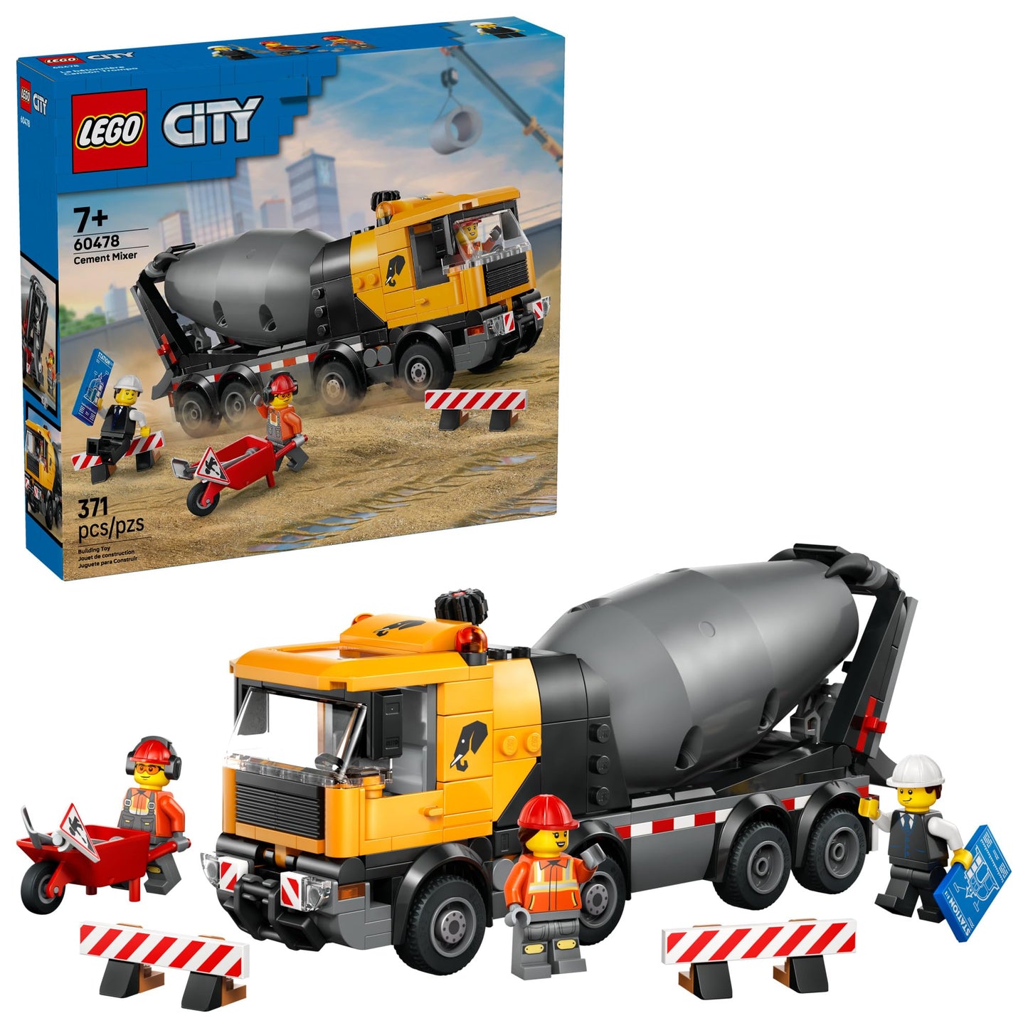 LEGO City Cement Mixer Truck Building Toy for Boys & Girls, Ages 7+ - Pretend Play Construction Toy W/Rotating Drum & 3 Worker Minifigures - Gift Idea