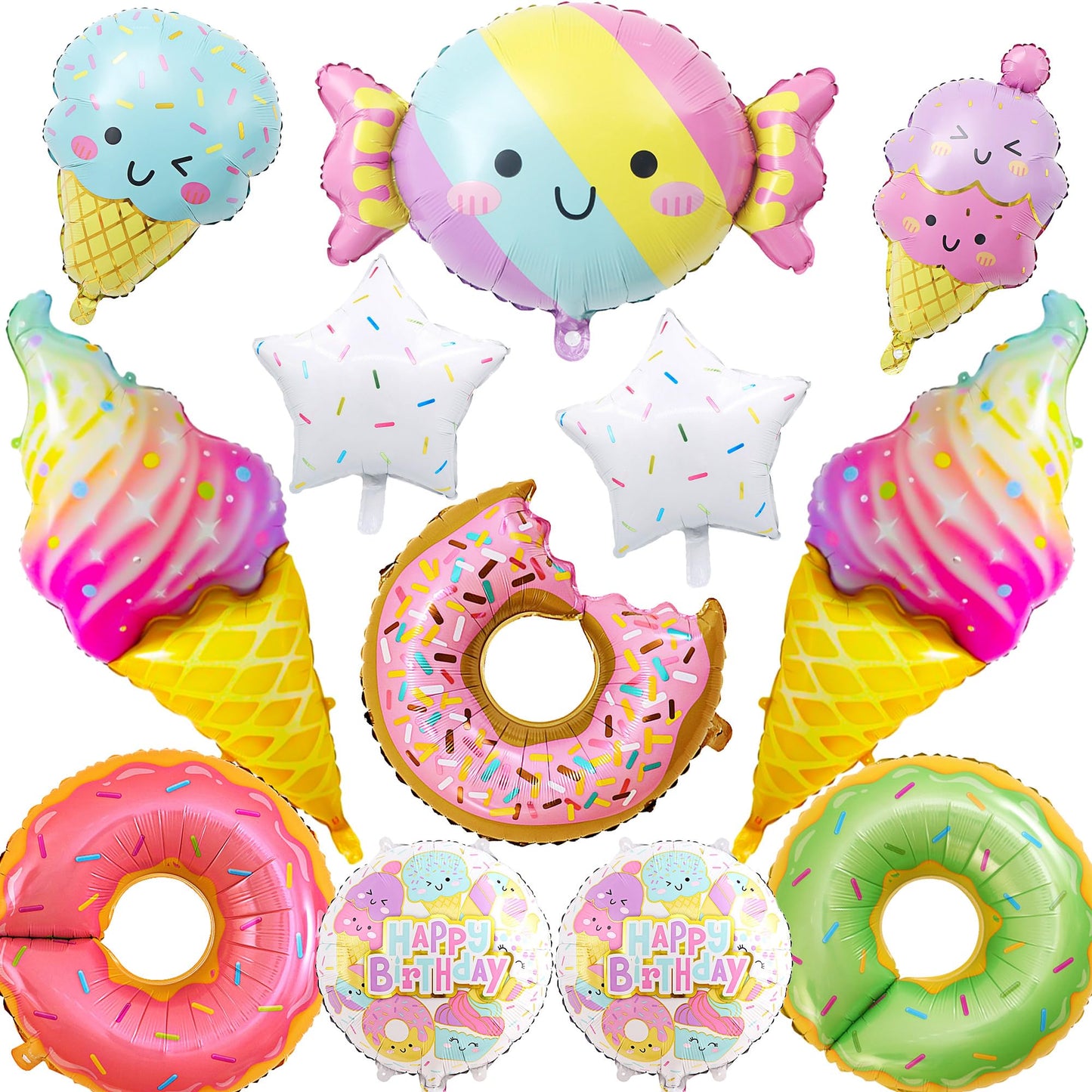 12 PCS Large Ice Cream Theme Balloons, Donut & Candy Foil Mylar Balloons for Ice Cream Party Decorations, Summer Birthday, Baby Shower Supplies