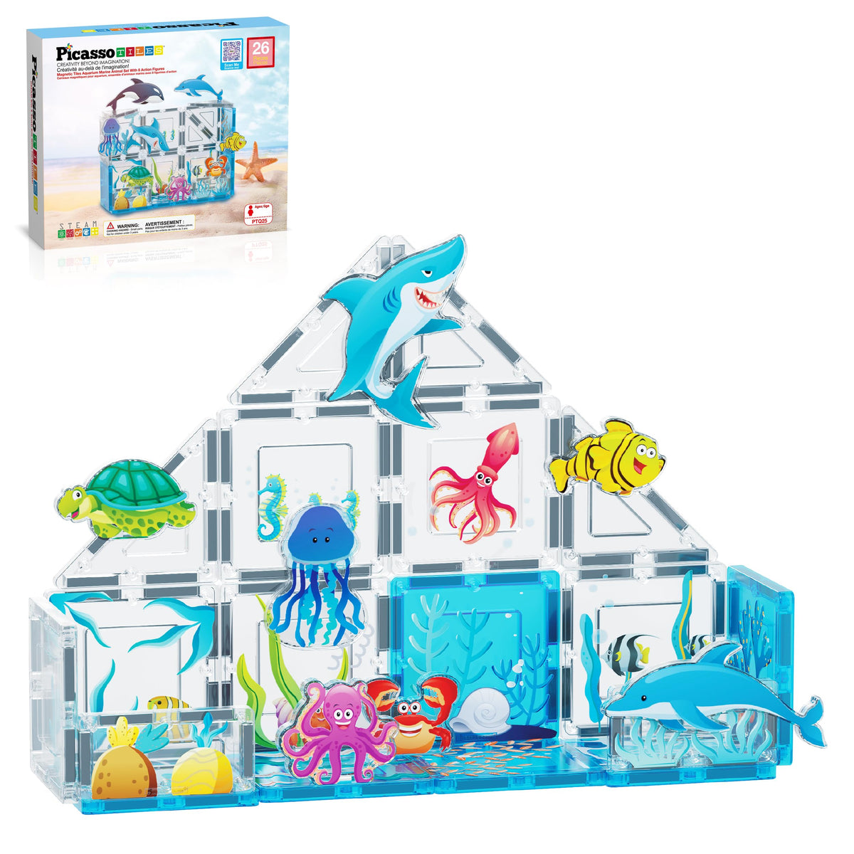 PicassoTiles 26 Piece Magnetic Tiles, Ocean Marine World STEM Set Ages 3+