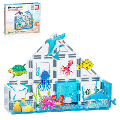 PicassoTiles 26 Piece Magnetic Tiles, Ocean Marine World STEM Set Ages 3+