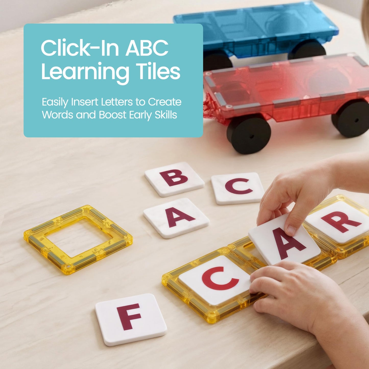 Playmags Magnetic Tiles for Kids 150-Piece Set, STEM Educational Building Blocks Toys for Kids, Includes Click-in ABC Learning Tiles, Gift for Boys