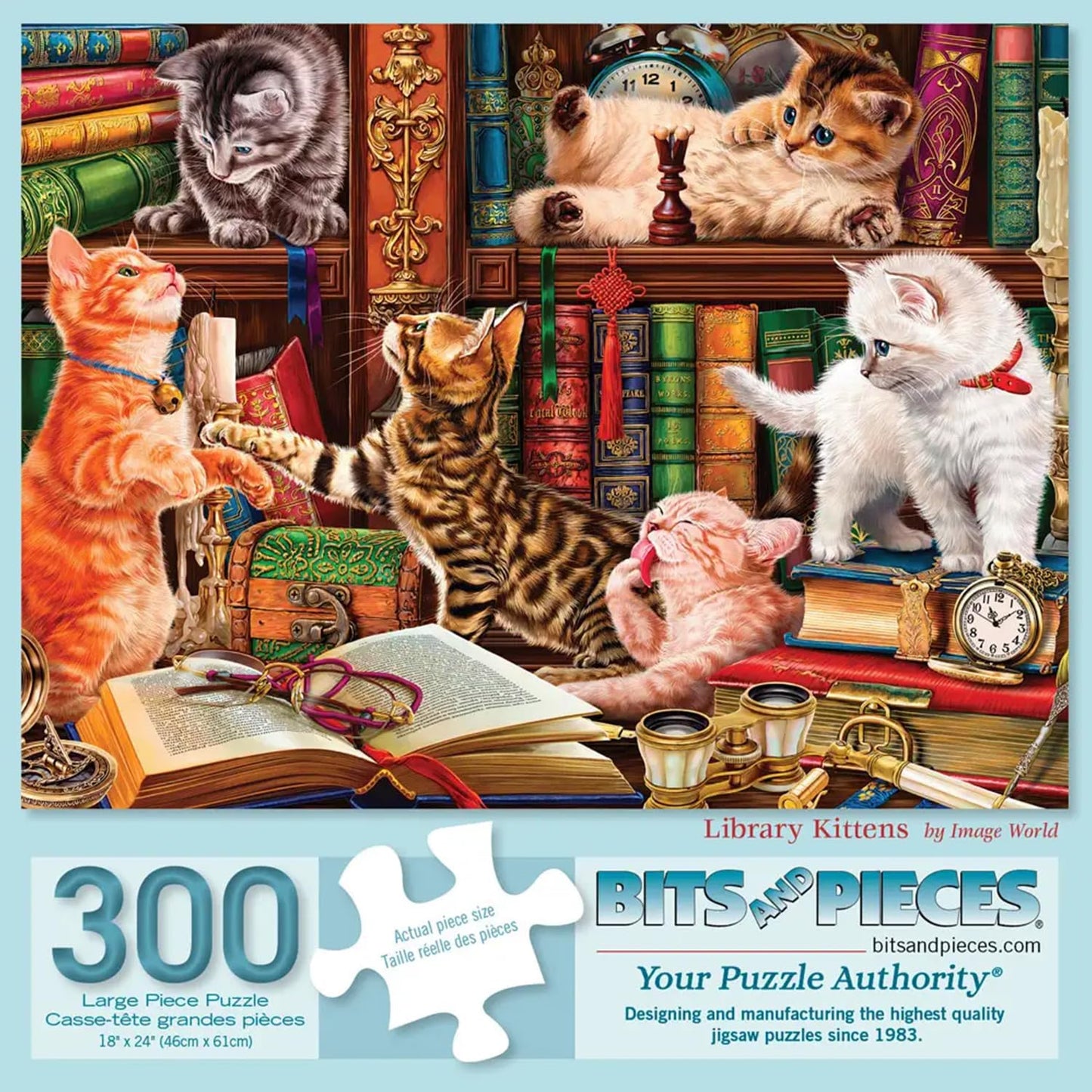 Bits and Pieces 300 Piece Puzzles for Adults - Library Kittens - 300 Large Pieces 18" x 24" Jigsaw Puzzles, Cute Cats Books, No 2 Pieces Alike