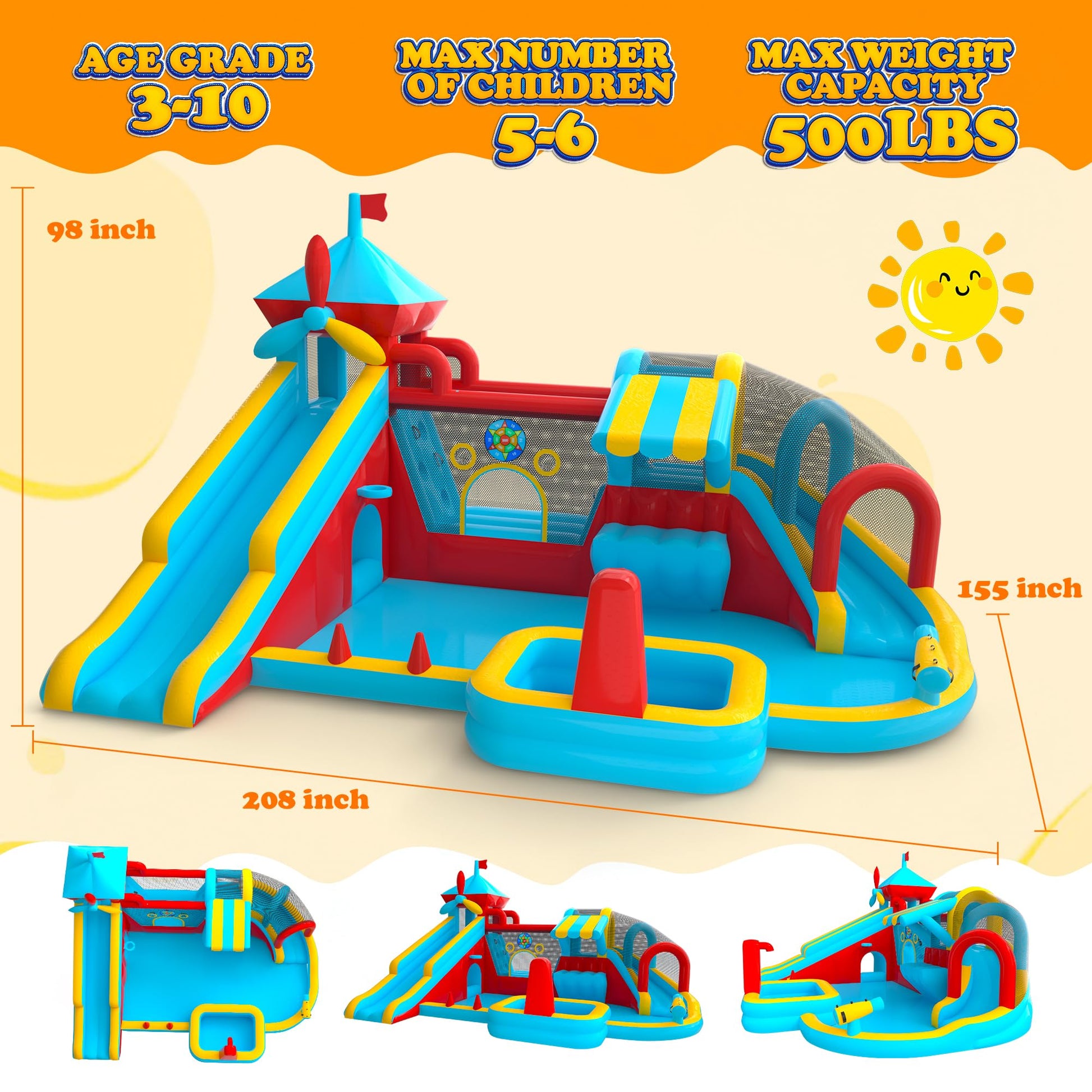 Inflatable Bounce House with 750W Blower, 10 in 1 Double Water Slide Bouncy Castle for Kids 3-10, Splash Pool, Water Gun, Climbing Wall, Toy Stand