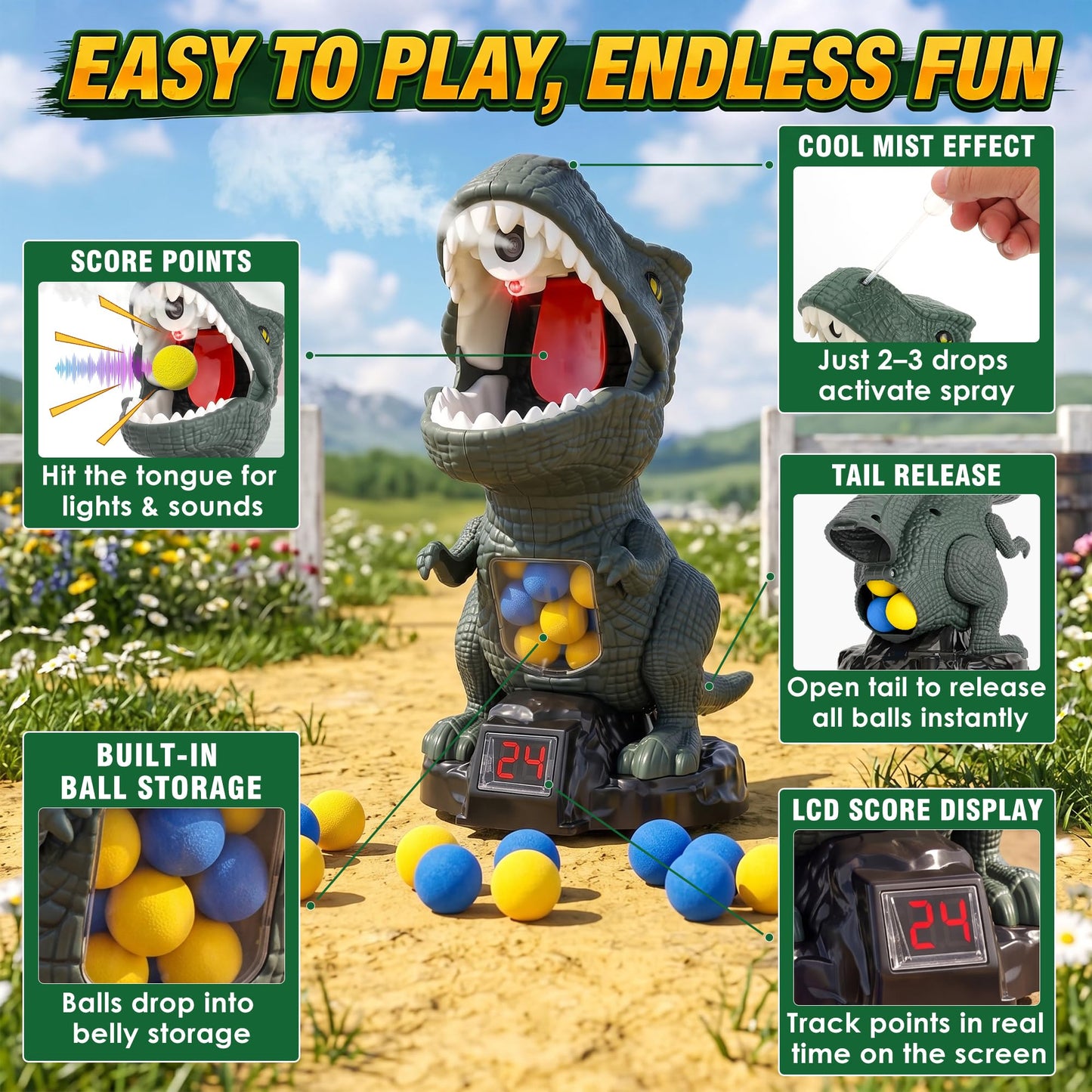 Dinosaur Shooting Toys for Kids 3-5 5-7, Moving T-Rex Target Shooting Game with 2 Air Pump Launchers, 48 Foam Balls, Interactive Competition Game