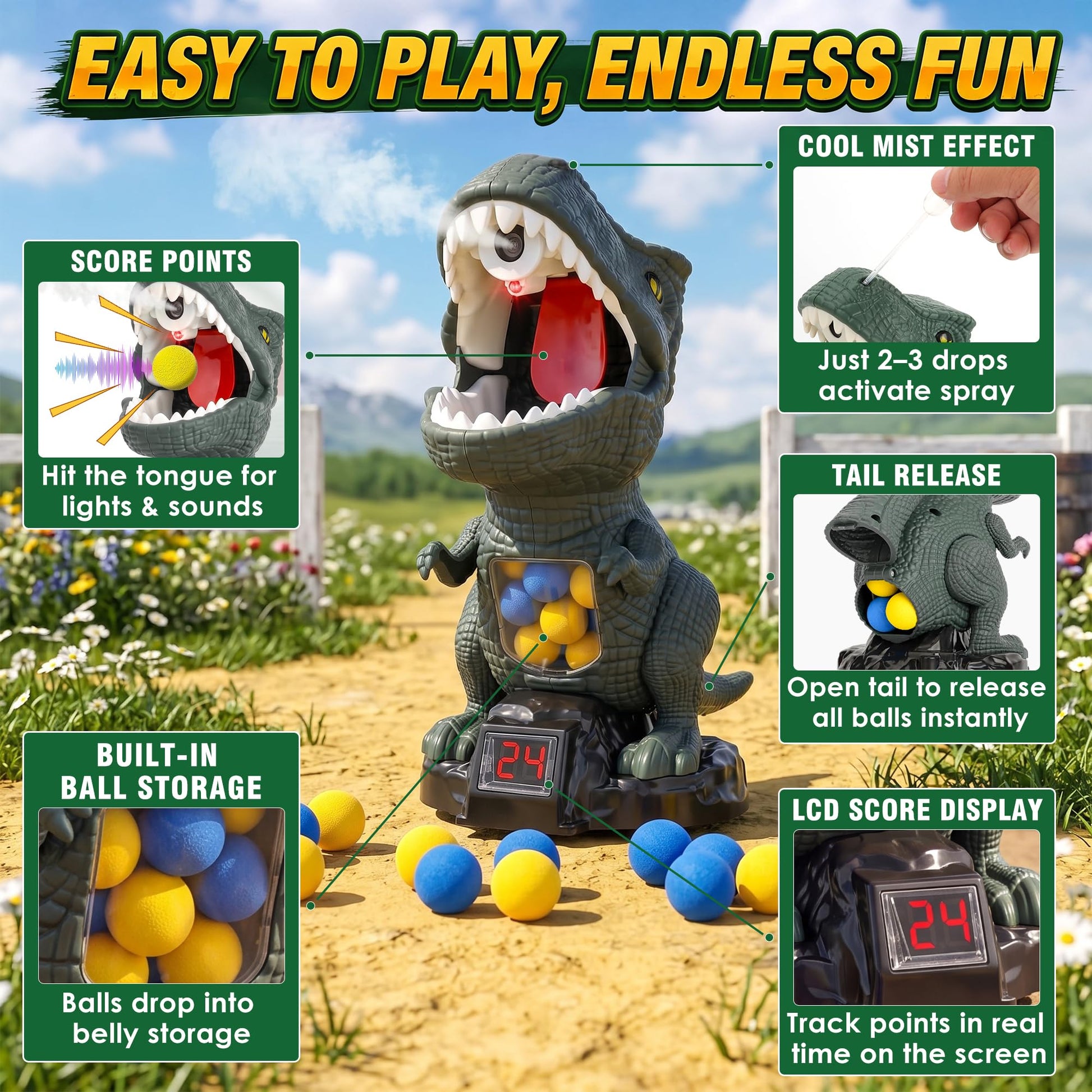 Dinosaur Shooting Toys for Kids 3-5 5-7, Moving T-Rex Target Shooting Game with 2 Air Pump Launchers, 48 Foam Balls, Interactive Competition Game