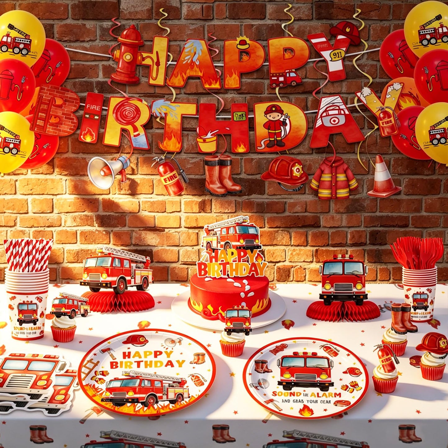 162pcs Firetruck Birthday Party Supplies Fire Truck Plates Napkins Serve 20