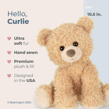 Bearington Curlie Teddy Bear Stuffed Animal - 10.5" Cuddly Plush Bear with Curly Fur and Weighted Bottom for Easy Display - Ultra Soft Stuffed Animals