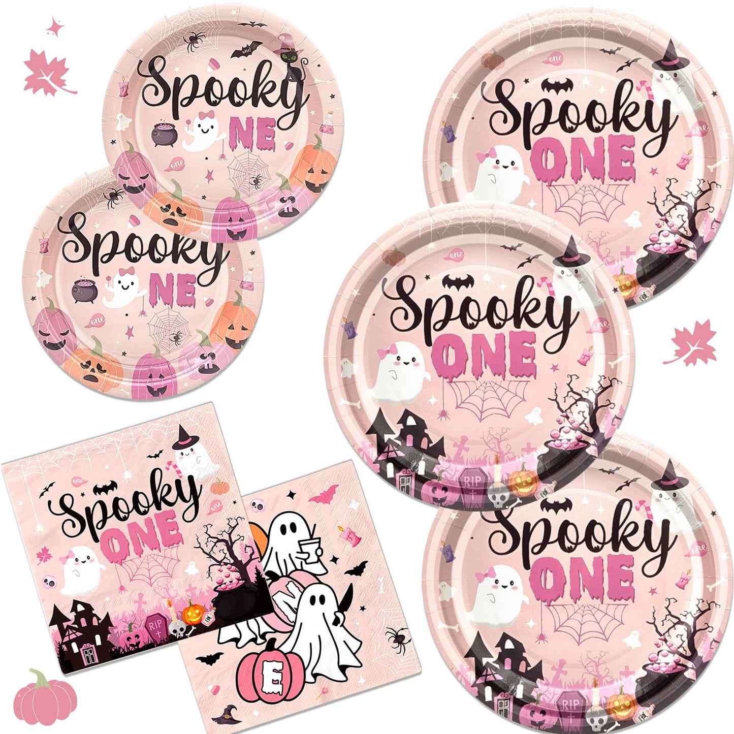 Yavxzvbw 144Pcs Spooky One Birthday Decorations Girl Pink Halloween Plates and Napkins Halloween 1st Birthday Party Decorations for Halloween Birthday