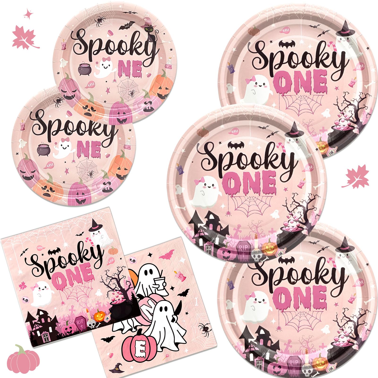 Yavxzvbw 144Pcs Spooky One Birthday Decorations Girl Pink Halloween Plates and Napkins Halloween 1st Birthday Party Decorations for Halloween Birthday