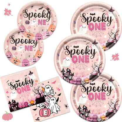 Yavxzvbw 144Pcs Spooky One Birthday Decorations Girl Pink Halloween Plates and Napkins Halloween 1st Birthday Party Decorations for Halloween Birthday