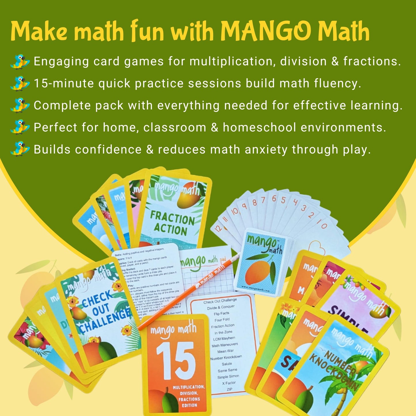 MANGO Math 15® - Math Flash Cards - Educational Math Games for Kids - Multiplication, Division, Fractions Learning Kit -2nd 3rd 4th Grades - Kids 6-12