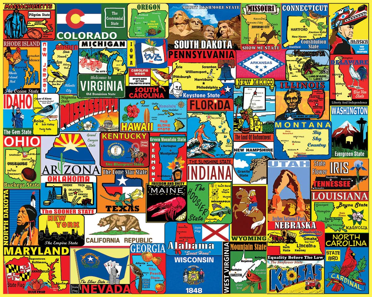 White Mountain 1000 Piece Jigsaw Puzzle, State Travel Stickers